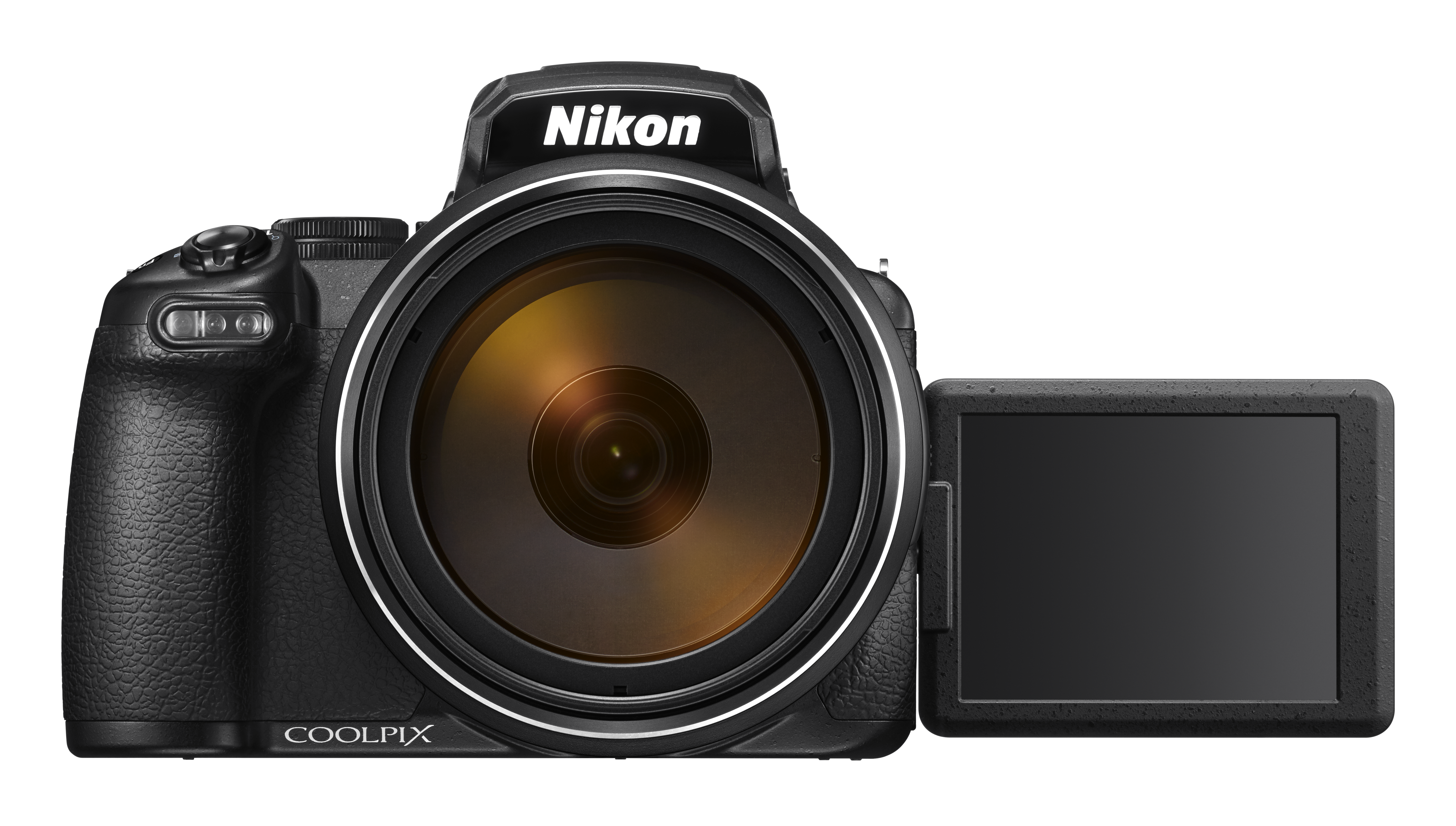 Schwarze Nikon Coolpix Kamera, Objektiv ausgefahren und Bildschirm geöffnet.