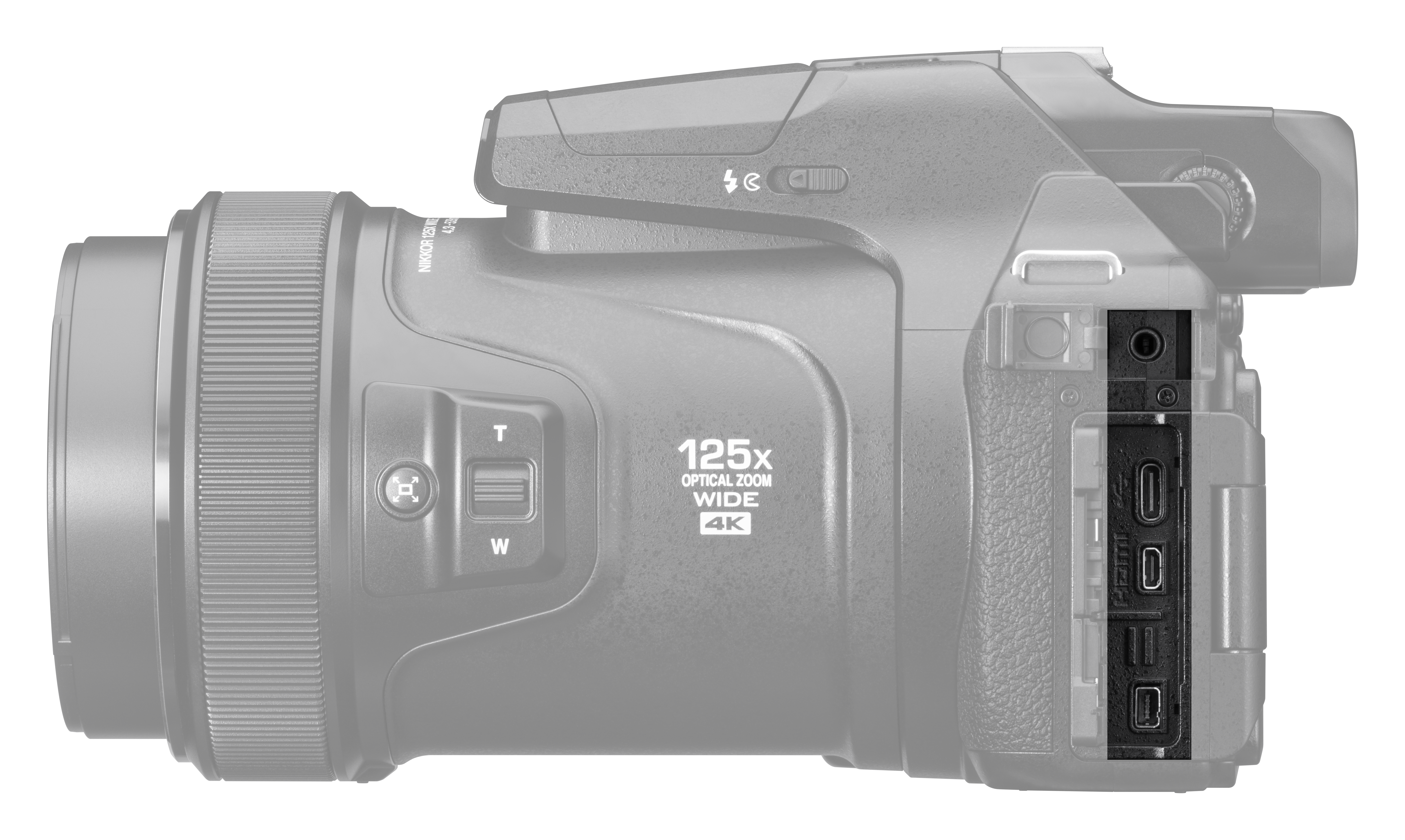 Monochrome Kamera mit Mikrofon-, HDMI- und USB-Anschlüssen an der Seite.