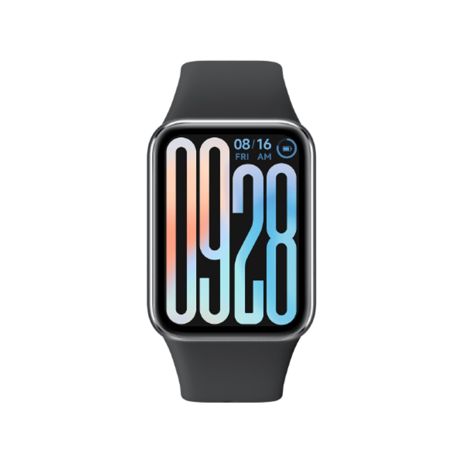 Zwarte smartwatch met 09:28 en de datum, met een zwarte achtergrond.