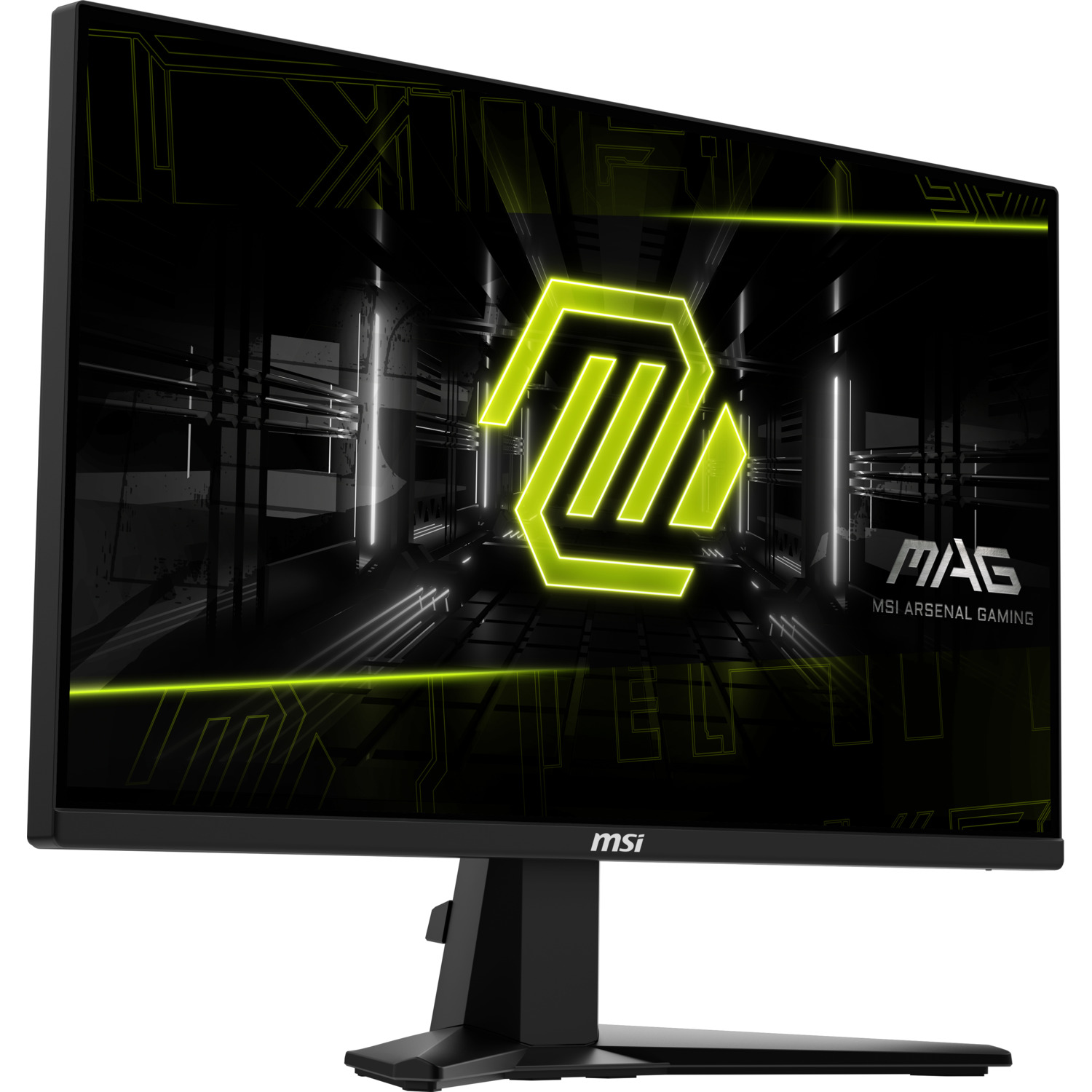 Moniteur MSI noir avec une interface de jeu. Un logo vert néon est proéminent.