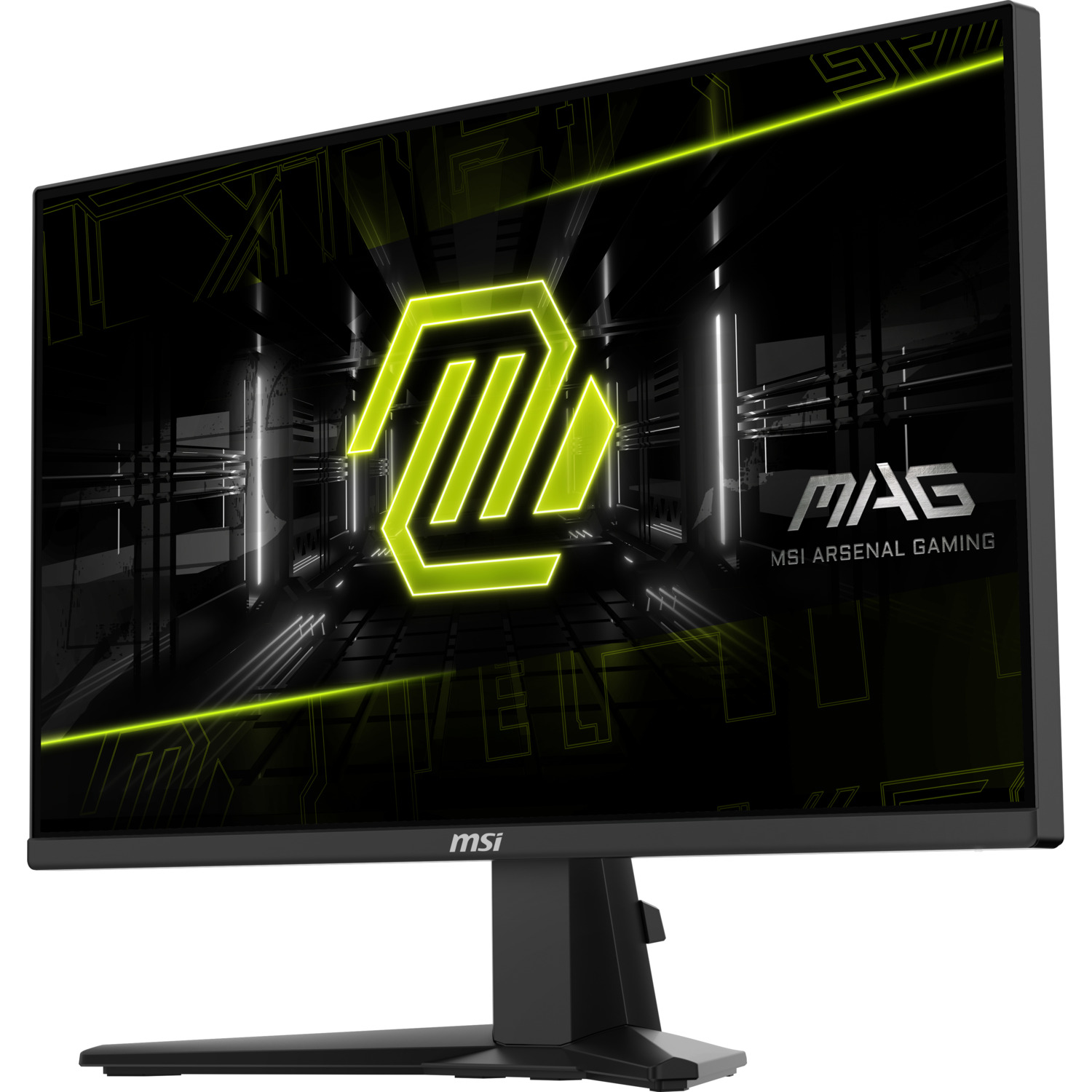 Moniteur noir avec un logo vert et le texte MAG MSI ARSENAL GAMING.