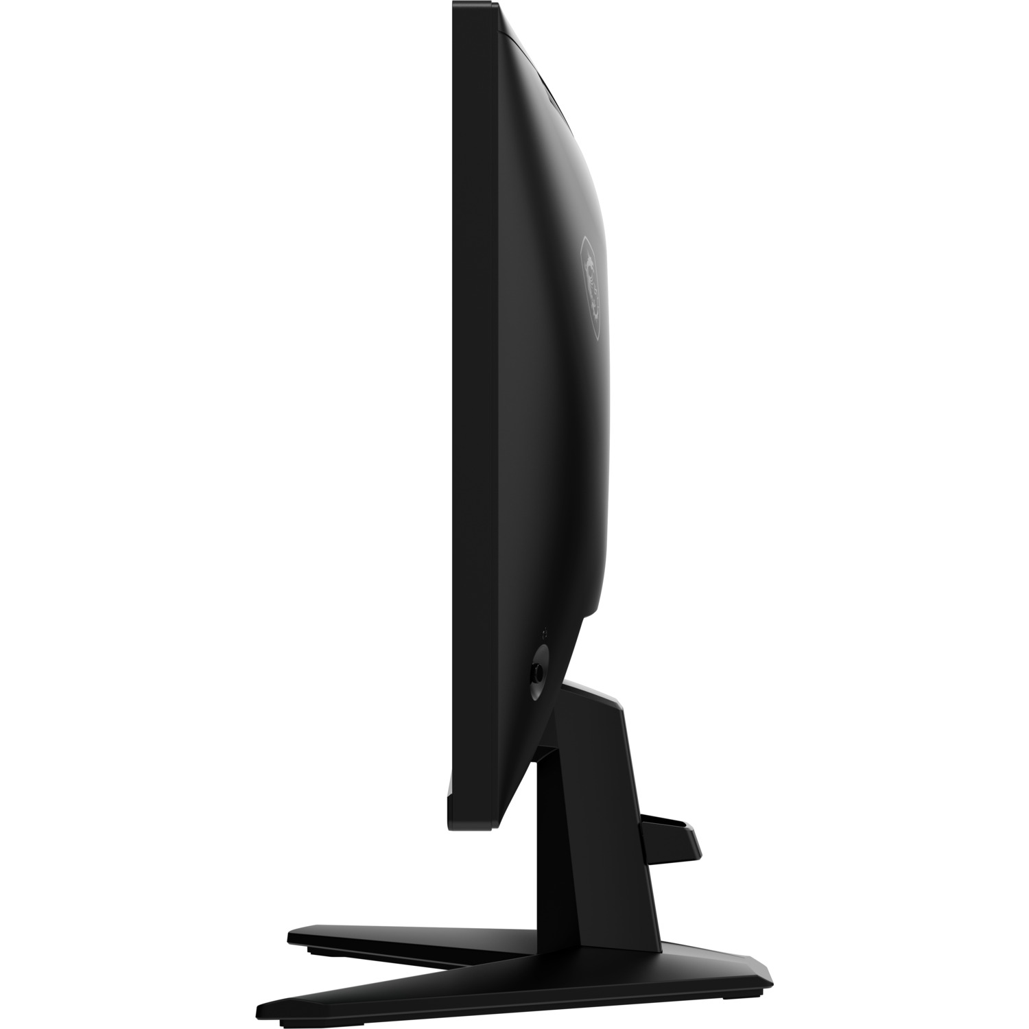 Vue latérale d'un moniteur noir sur un support, avec le logo MSI.