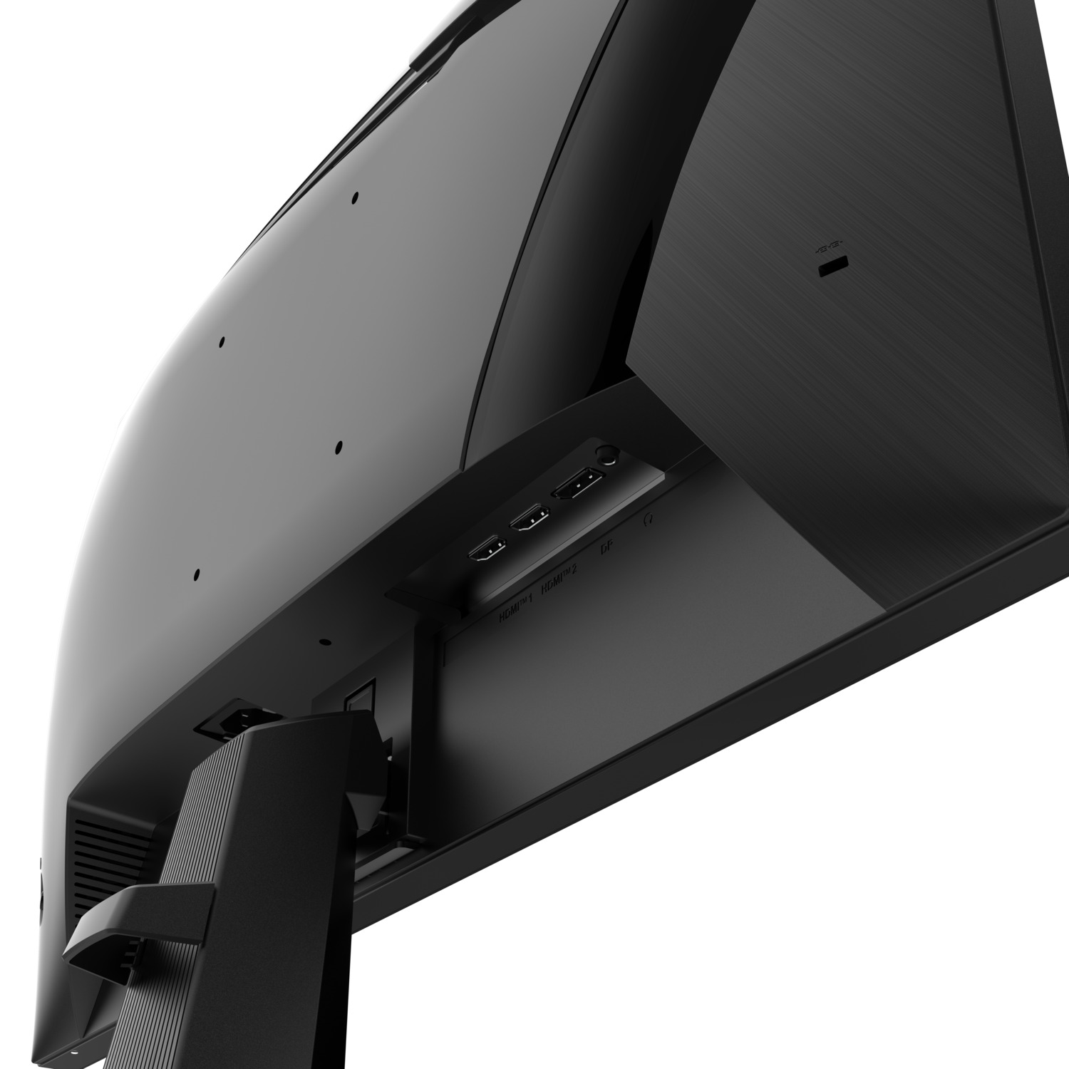 Gros plan du bas d'un moniteur de jeu MSI noir. Ports et support visibles.
