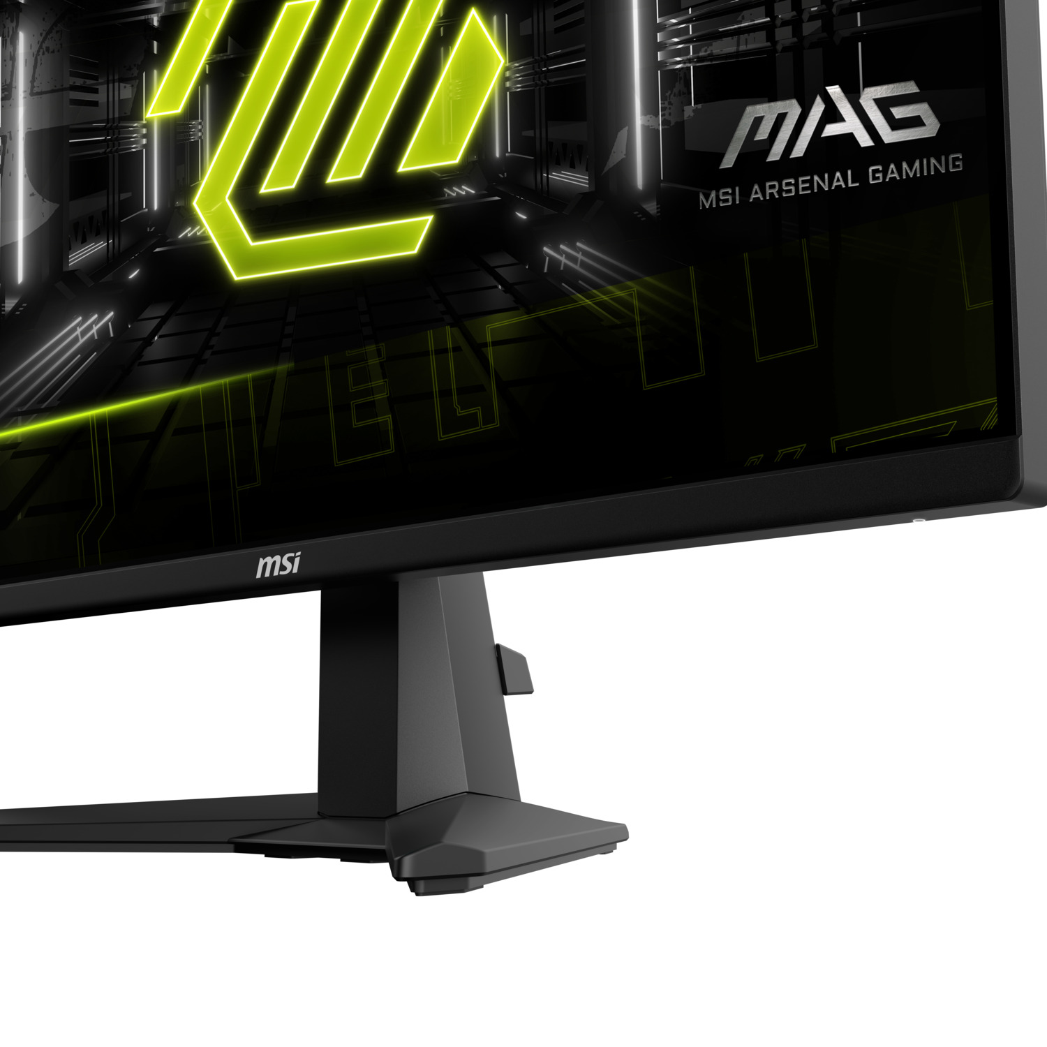 Gros plan d'un moniteur de jeu MSI noir. L'écran affiche un logo vert et jaune.