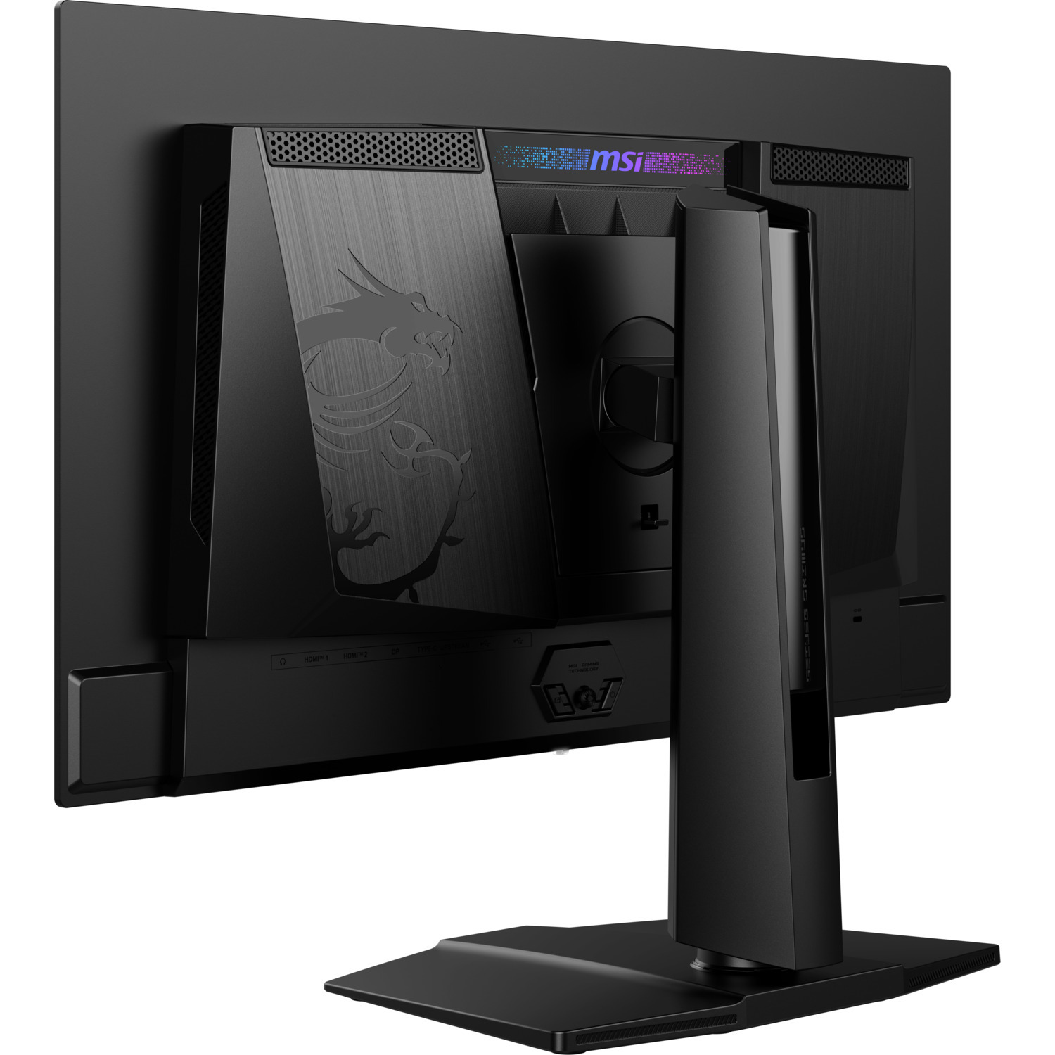 Back view of a black gaming monitor with a dragon design and stand. MSI logo is at the top.