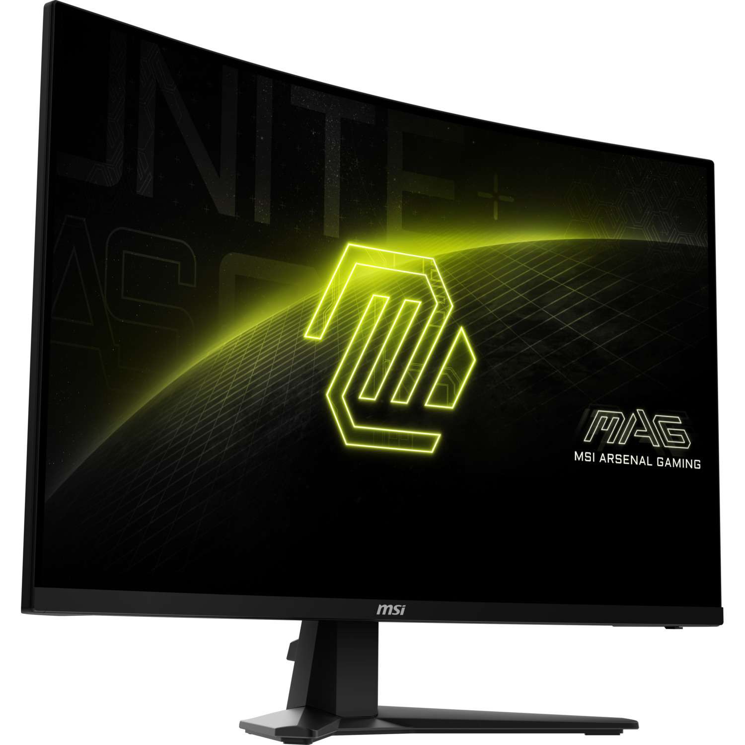 A curved MSI monitor with a gaming logo on the screen.
