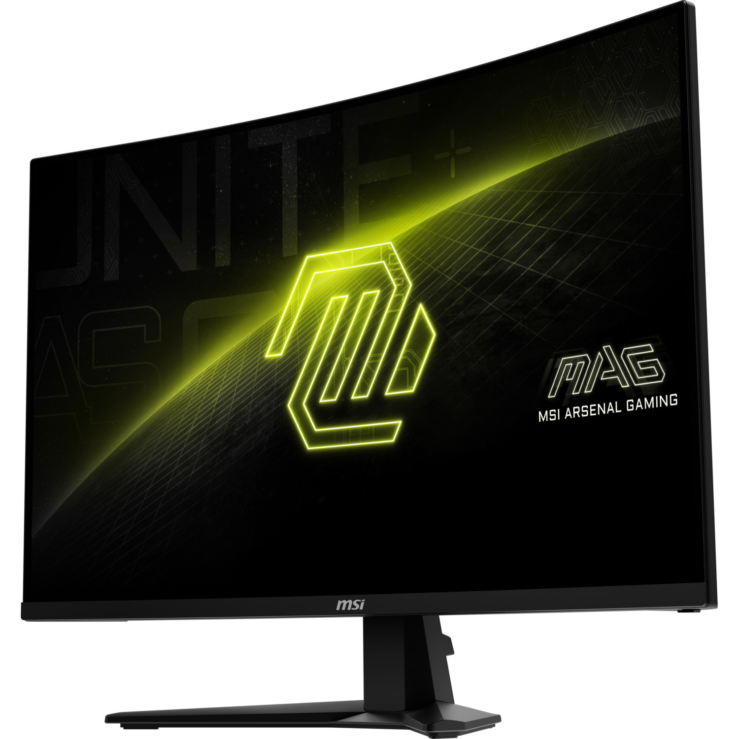 Curved MSI gaming monitor. The screen displays a green logo on a black background.