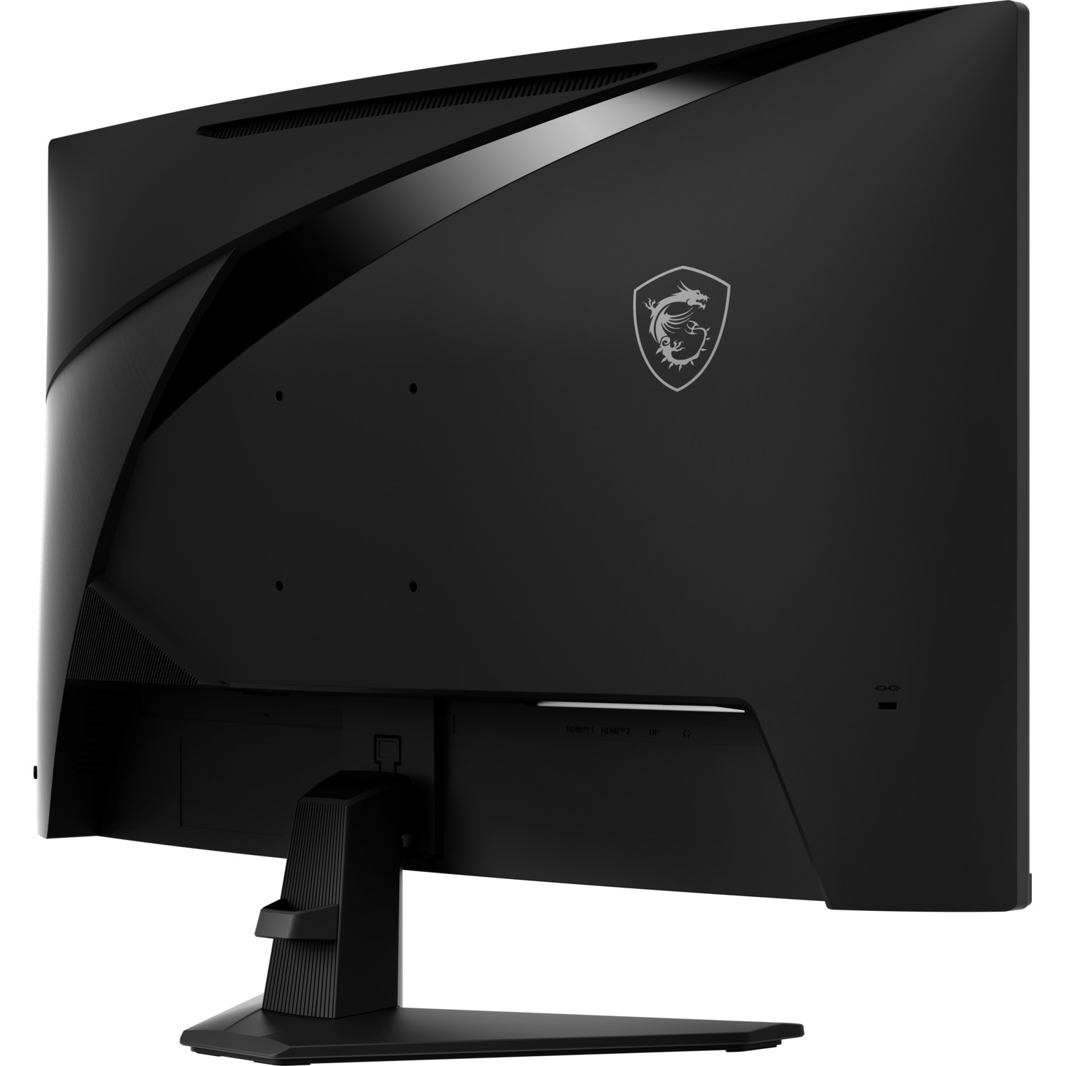 Back of a black MSI monitor. Dragon logo, ports, and stand are visible.
