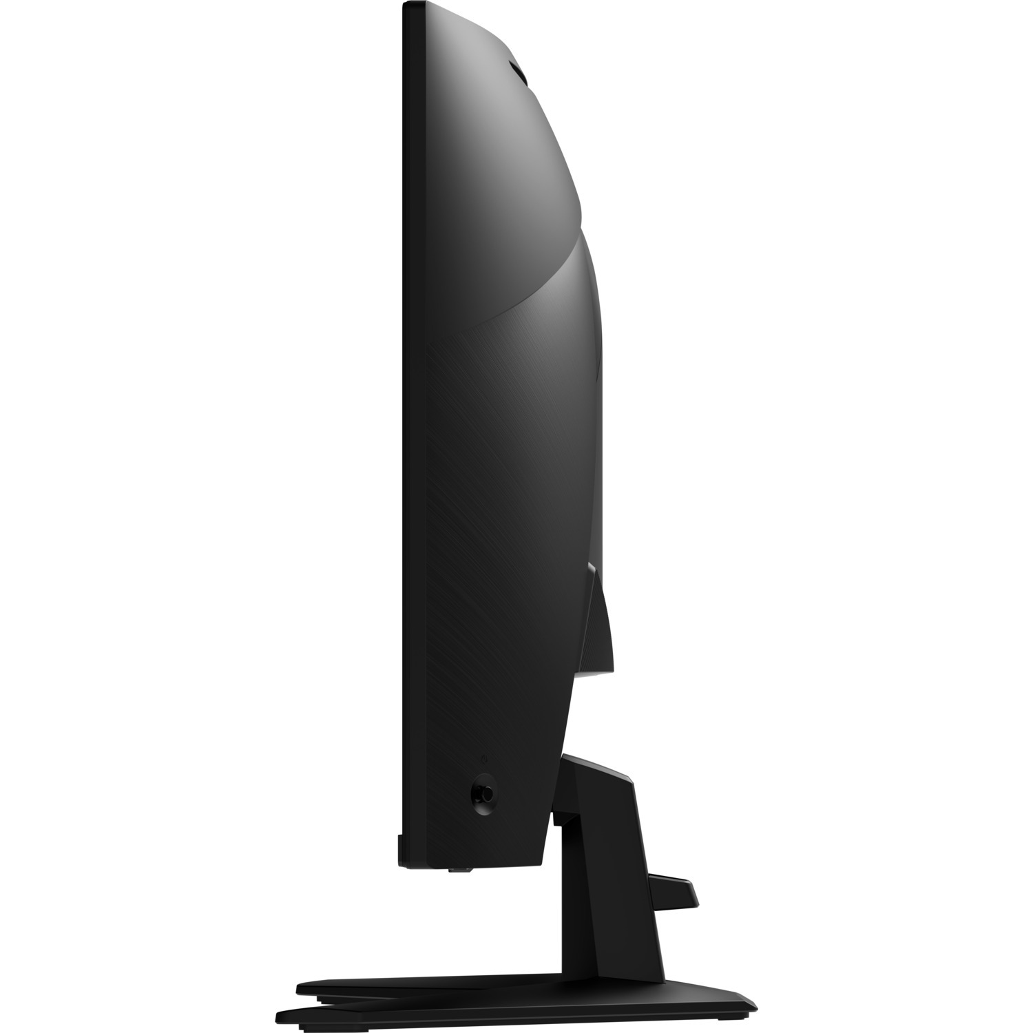 Side view of a black monitor. The monitor has a sleek design with a stand attached to the bottom.