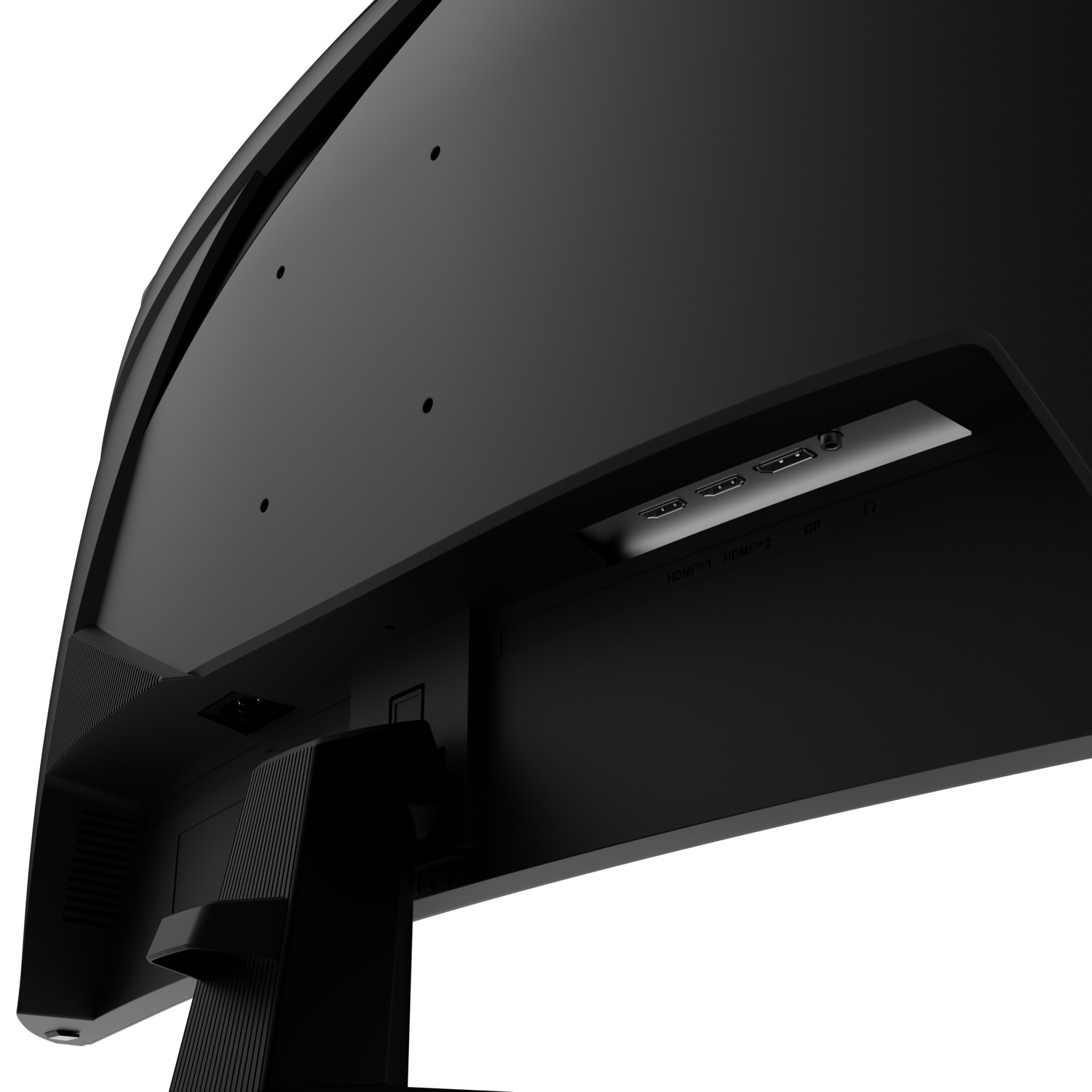 A close-up of a monitor's back with ports for HDMI, DP, and power.