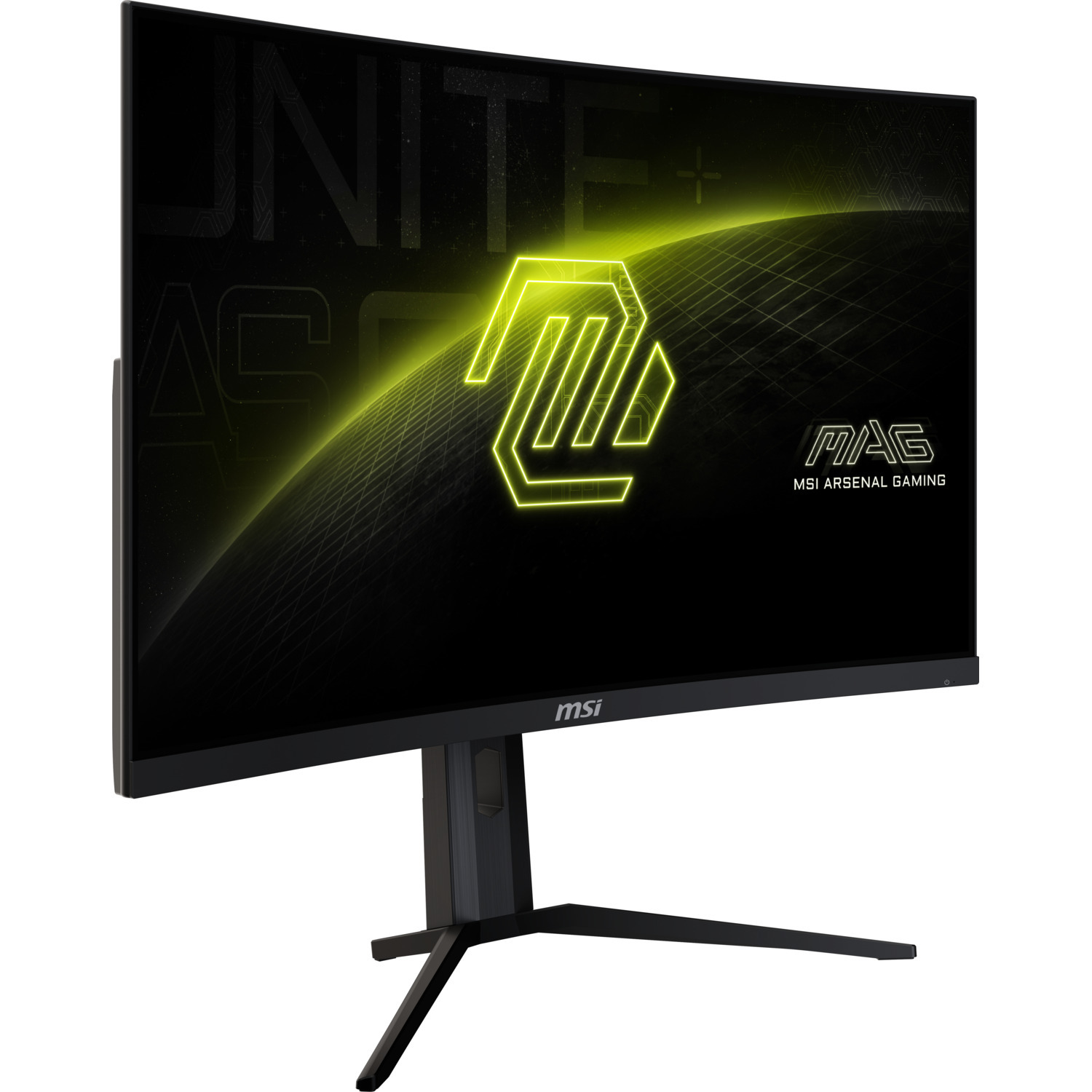 Zwarte MSI monitor met een gaming logo op een zwarte achtergrond.