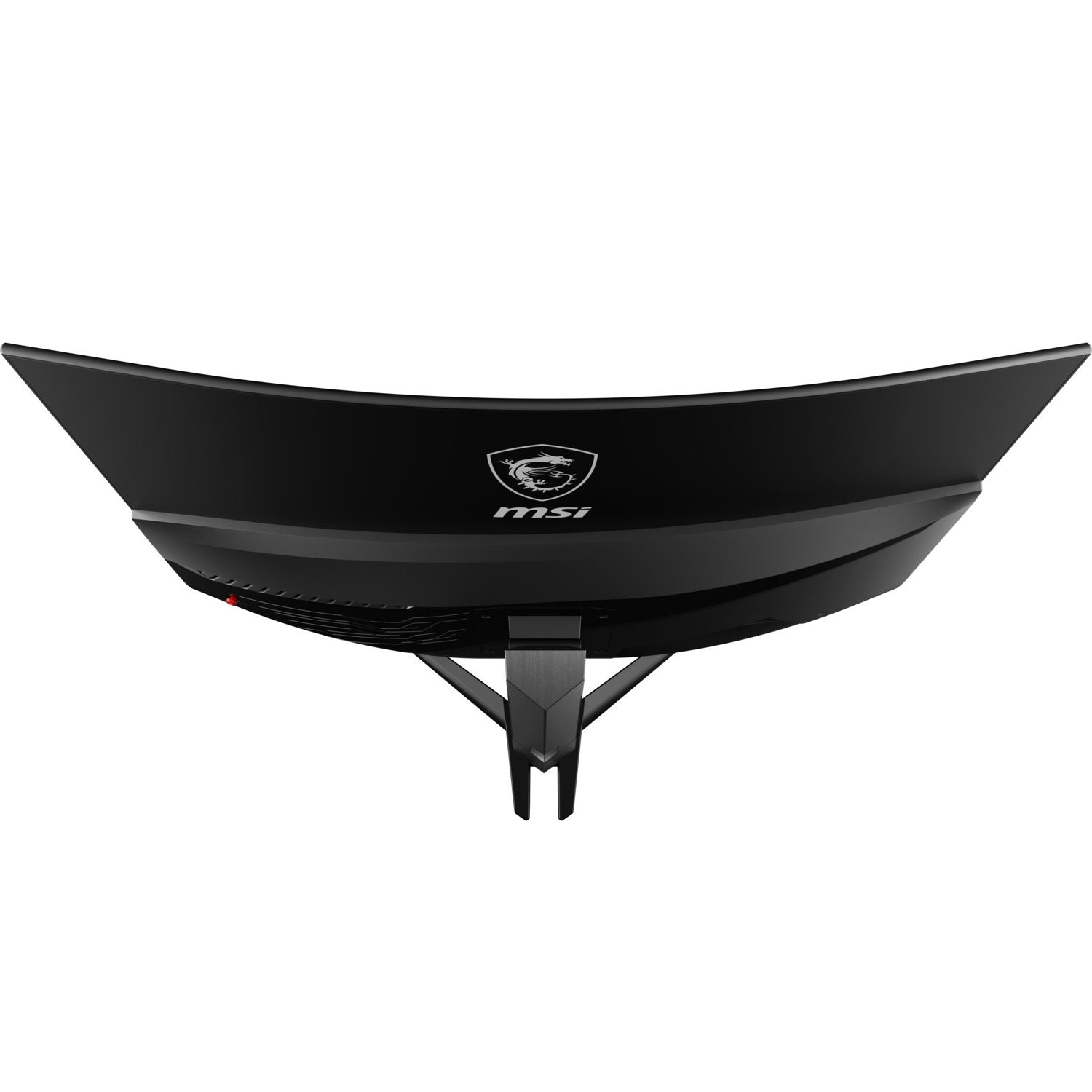 Zwarte MSI-monitor van achteren. De monitor is gebogen met het MSI-logo en een rode knop.