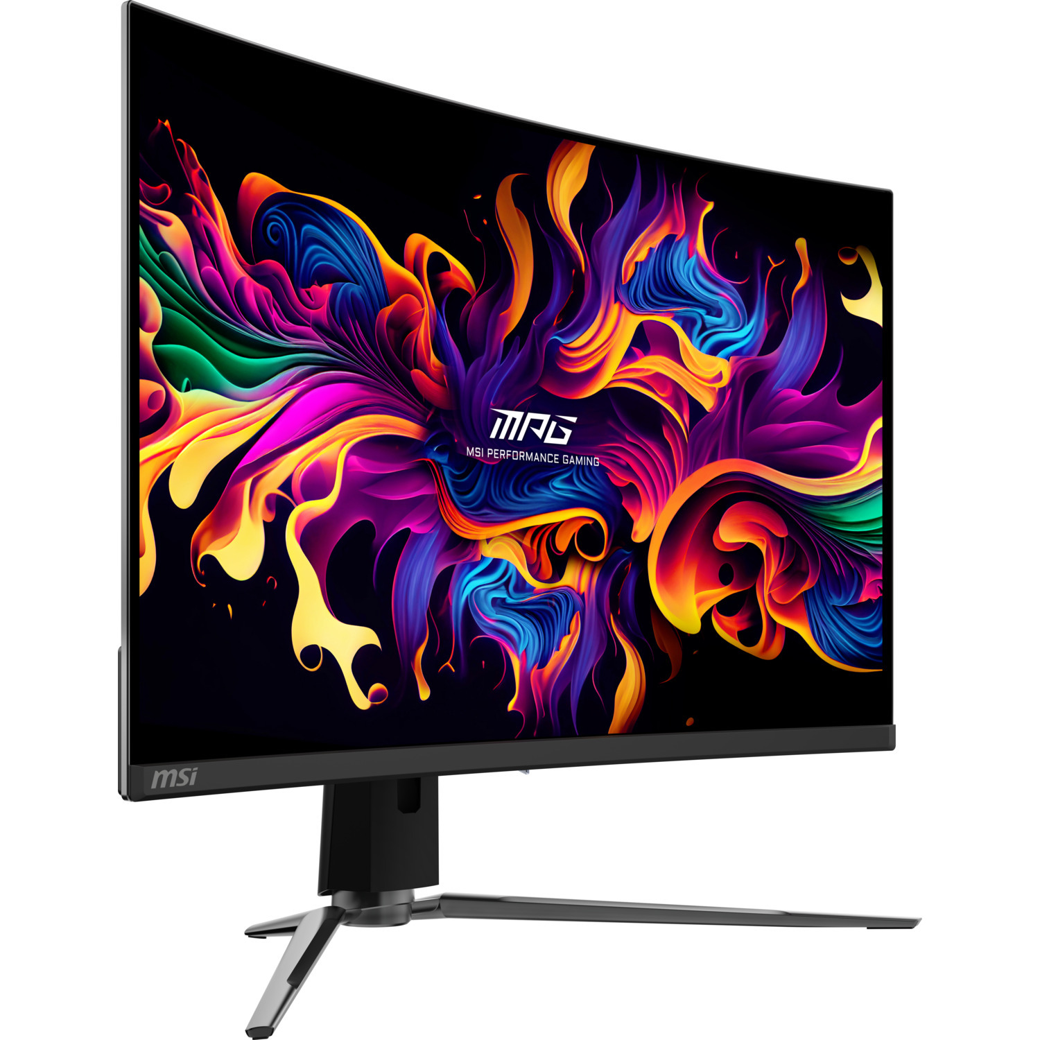 Zwarte MSI-monitor met kleurrijk display. De monitor staat op een zwarte en zilveren standaard.