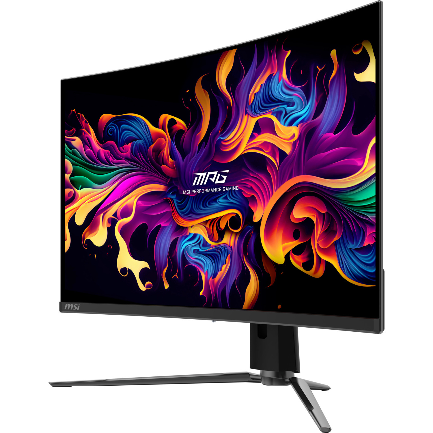 Gebogen MSI gaming monitor. Het toont een kleurrijk abstract ontwerp met een zwarte standaard.