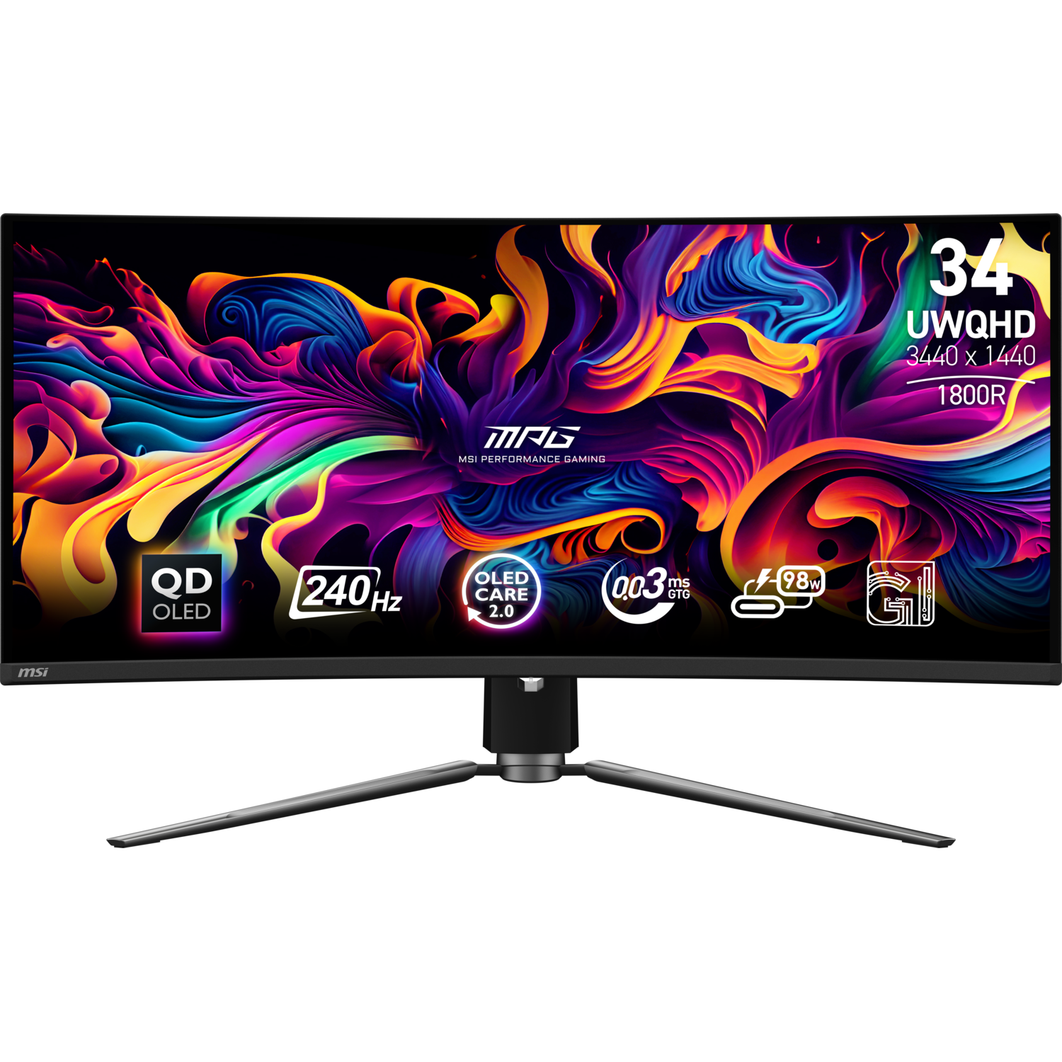 Un moniteur MSI incurvé avec un affichage coloré.