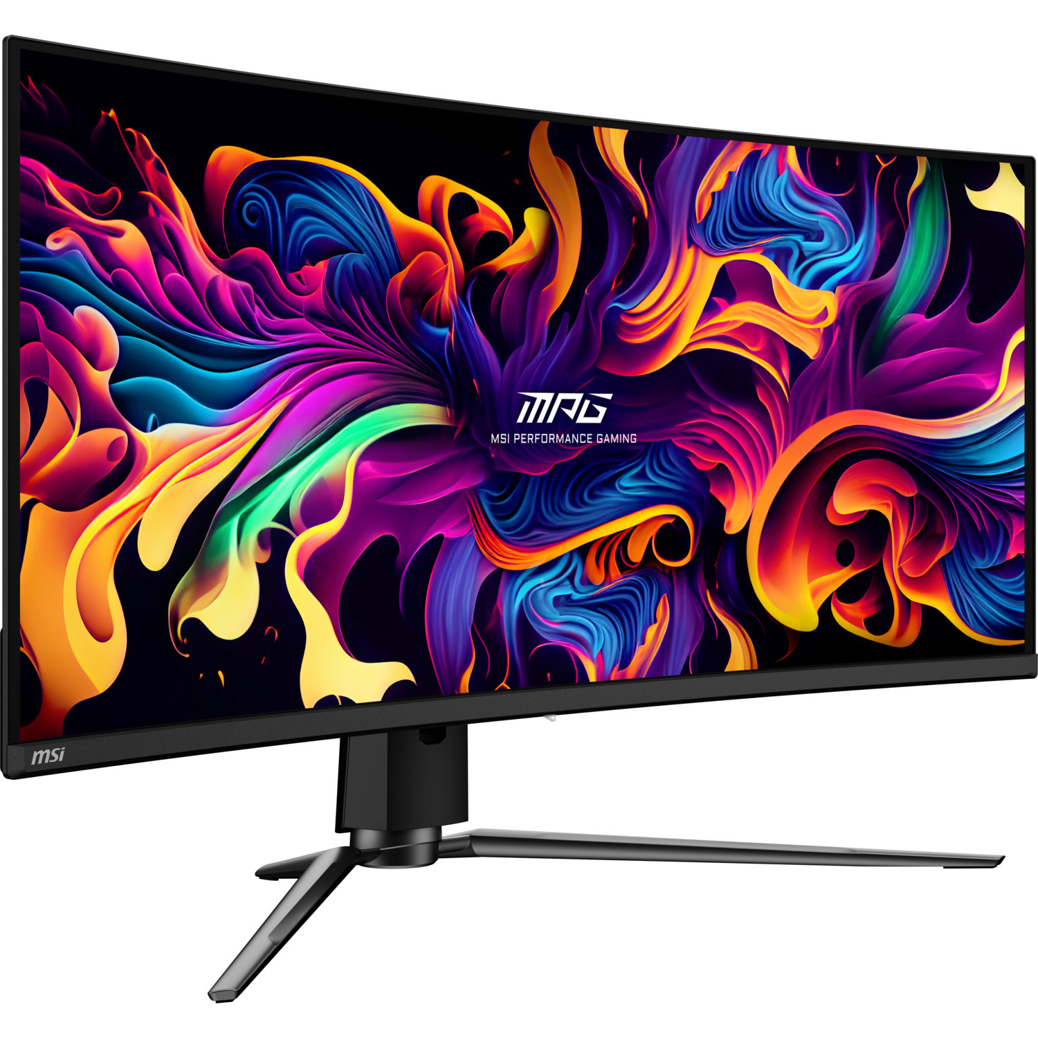 Écran de moniteur incurvé avec couleurs vives, support noir et logo MSI.