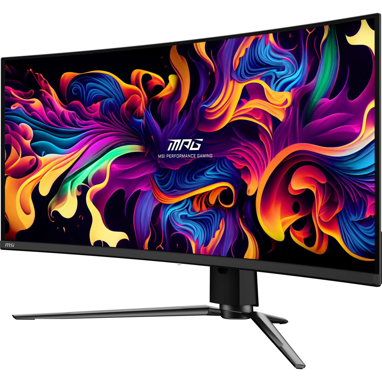 Un moniteur MSI incurvé affichant un design abstrait coloré avec le logo MSI.