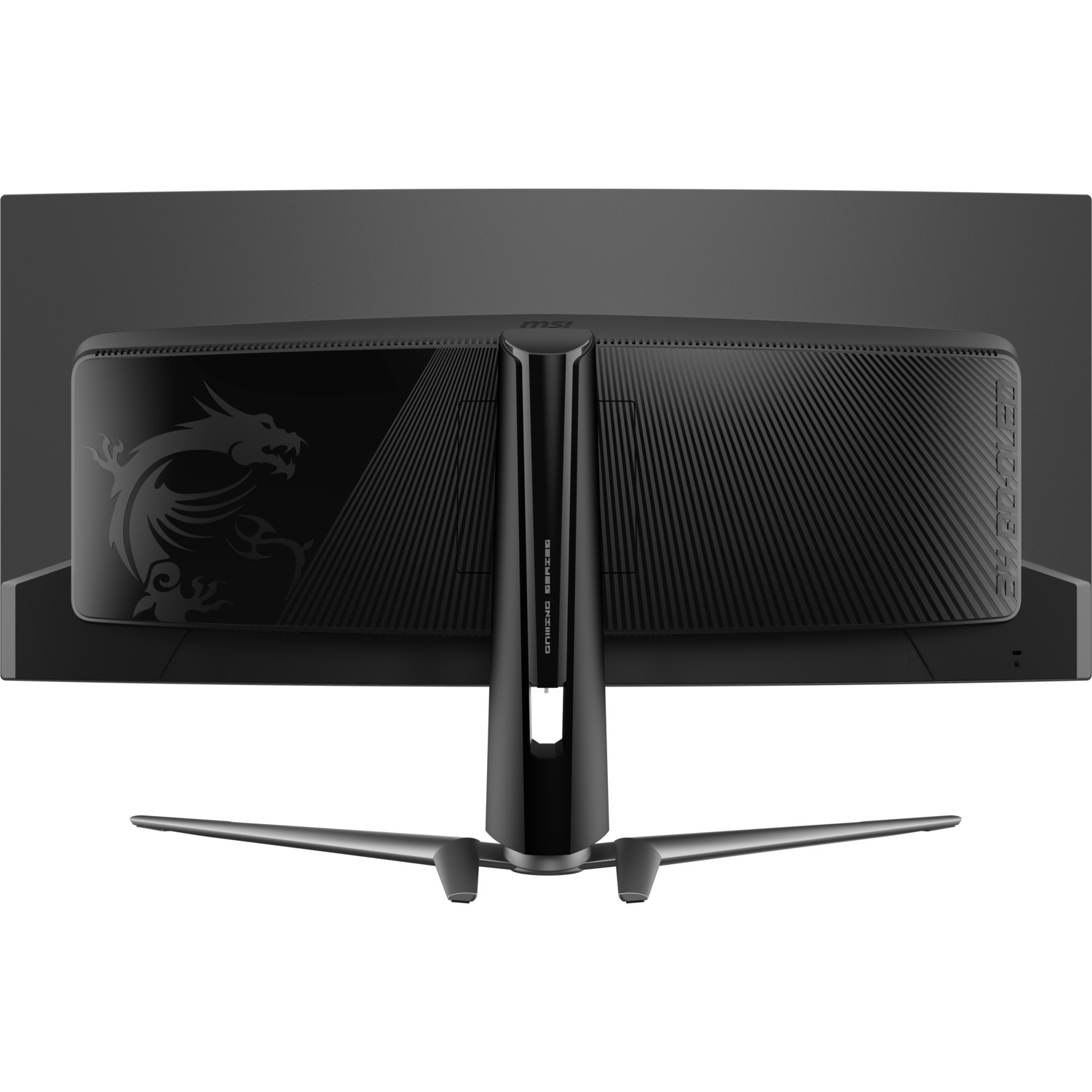 Vue de dessus d'un écran de jeu MSI noir, montrant un logo de dragon et la marque.