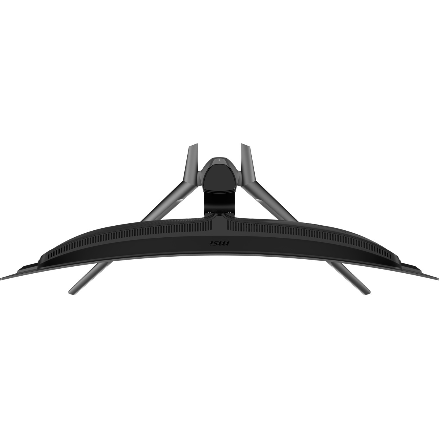 L'arrière d'un moniteur MSI incurvé, montrant le pied et les connexions.