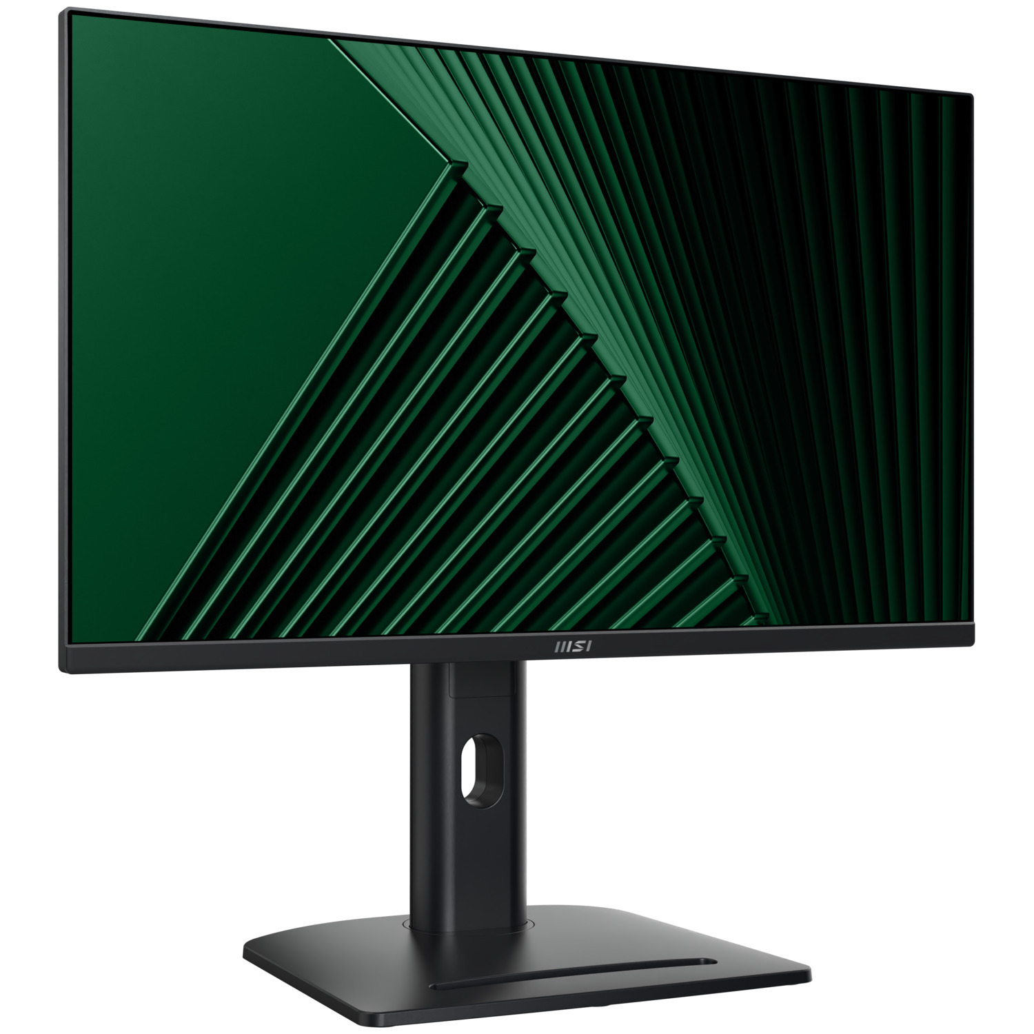 Moniteur MSI avec fond vert abstrait sur l'écran. Support et cadre noirs.