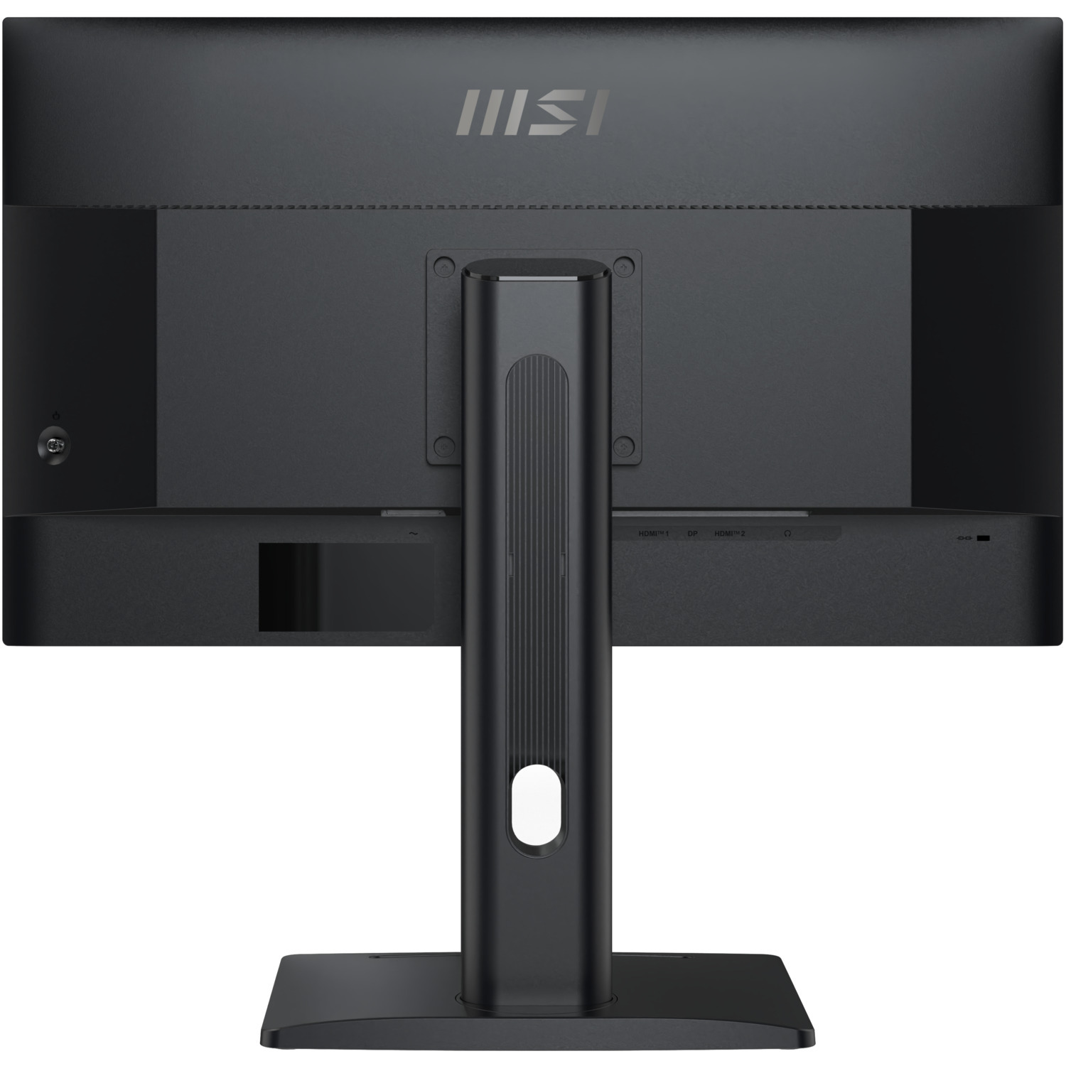 Arrière d'un moniteur d'ordinateur noir montrant les ports et le montage du support.