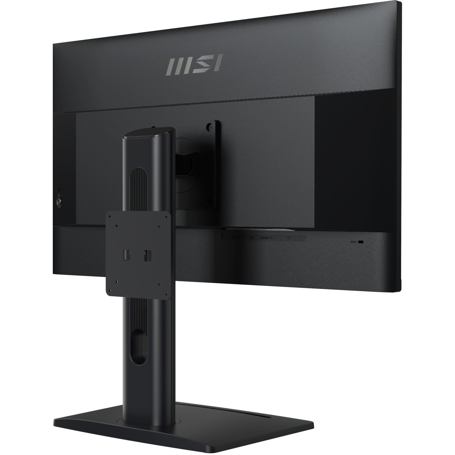 Vue arrière d'un moniteur noir sur un support noir, avec divers ports visibles.