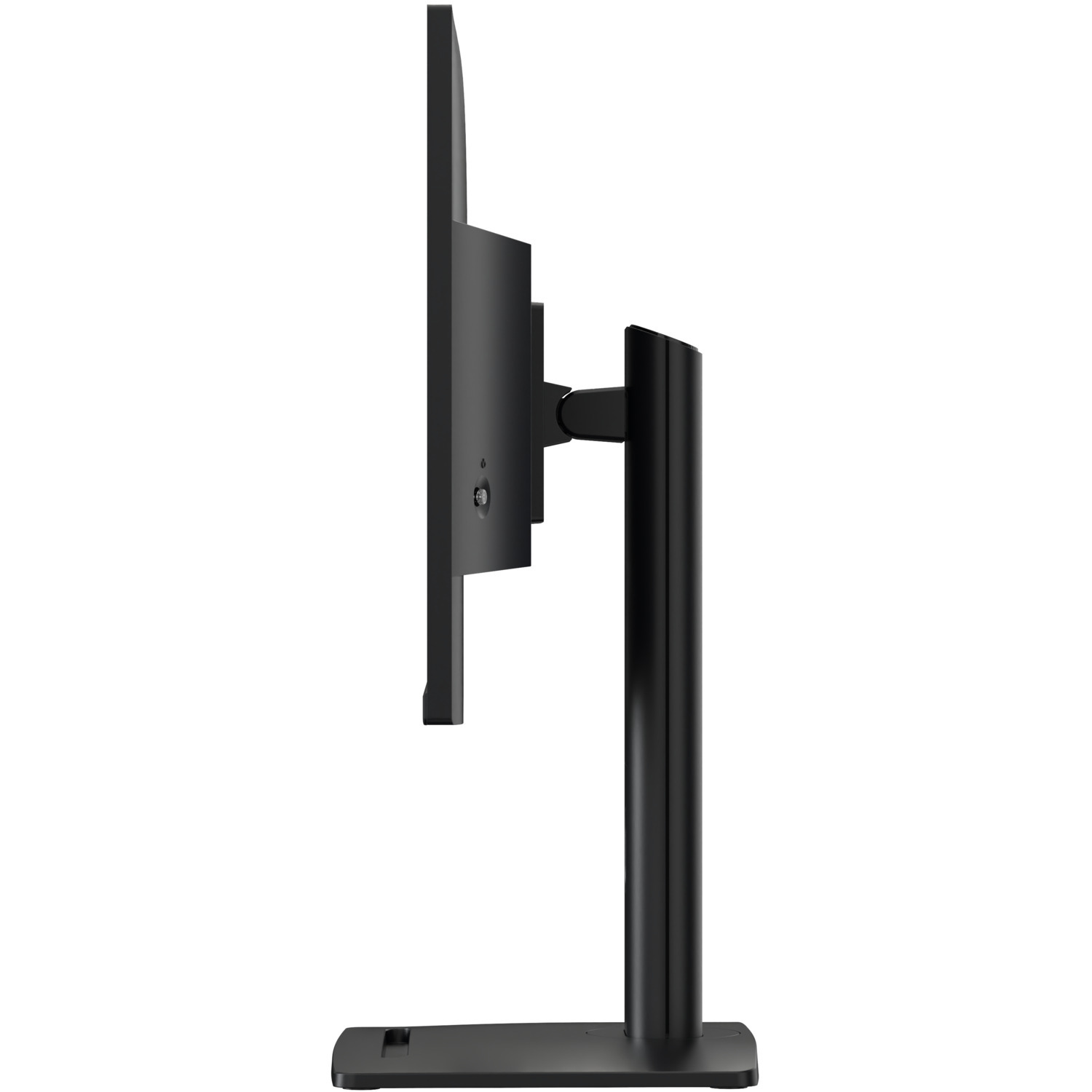 Un moniteur noir, vue latérale, avec un pied, sur fond blanc.