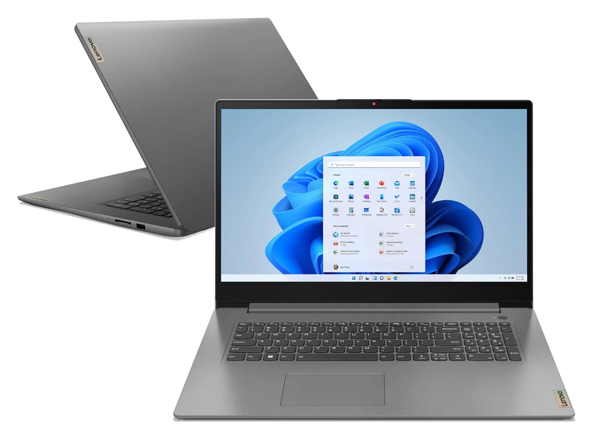 Szary laptop z otwartym ekranem z systemem Windows i drugi laptop za nim.