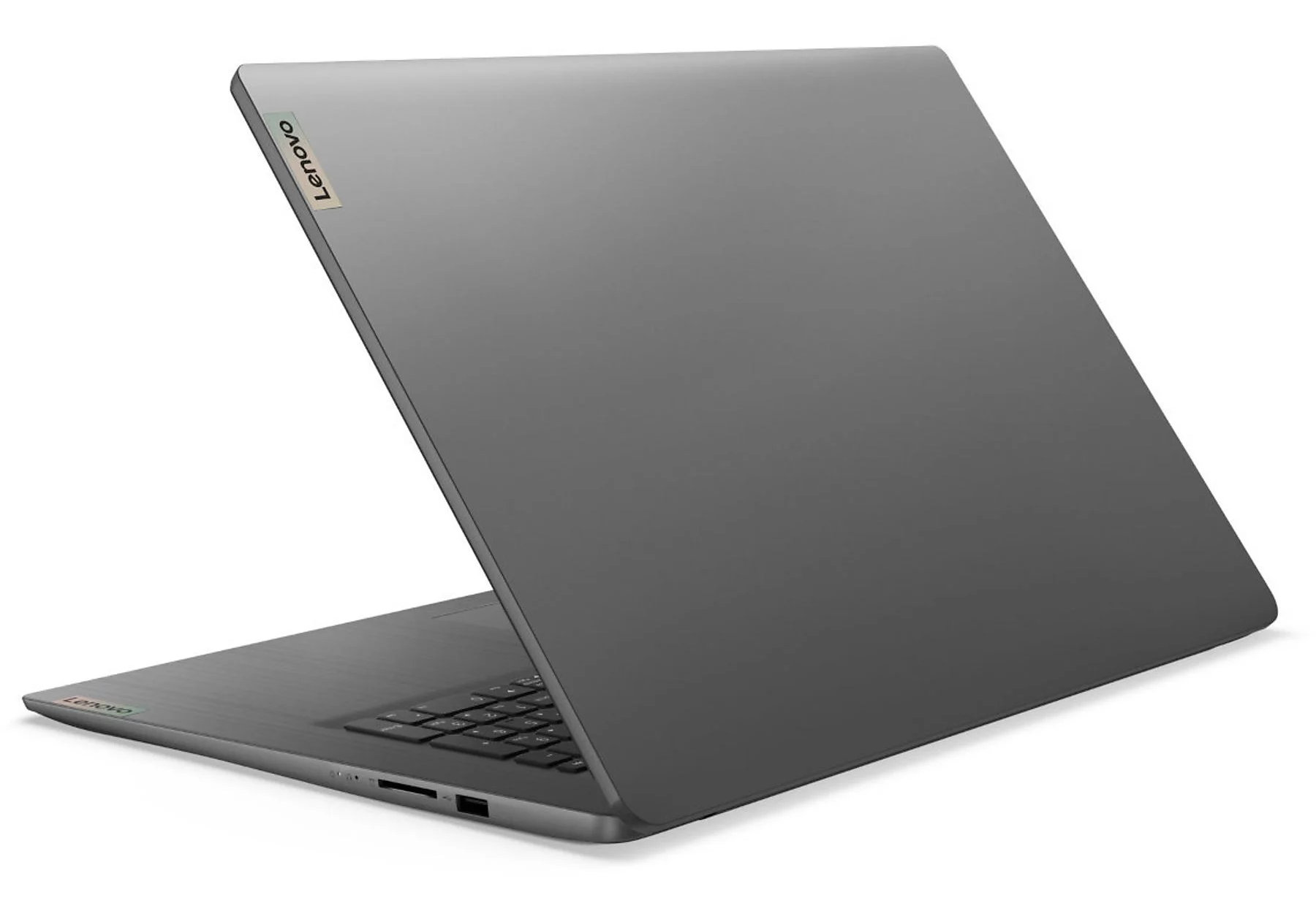 Szary laptop Lenovo, częściowo otwarty, widok z boku. Klawiatura widoczna. Białe tło.