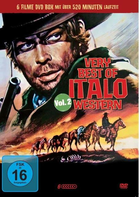 DVD-Cover für 'Very Best of Italo Western Vol. 2'. Ein Mann mit einer Waffe und Pferdereiter.