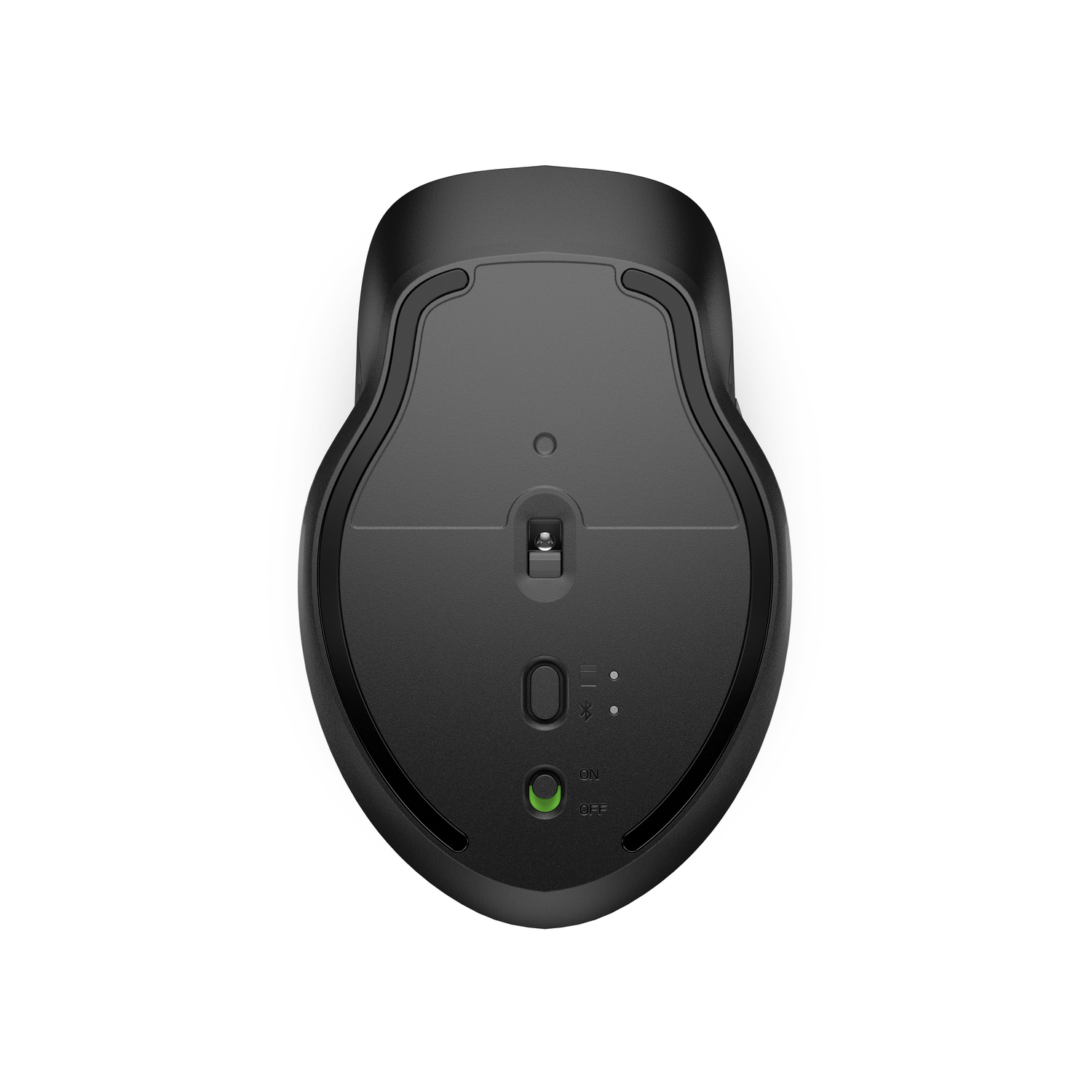 Black wireless mouse, bottom view. Has a power switch, and a pairing button.