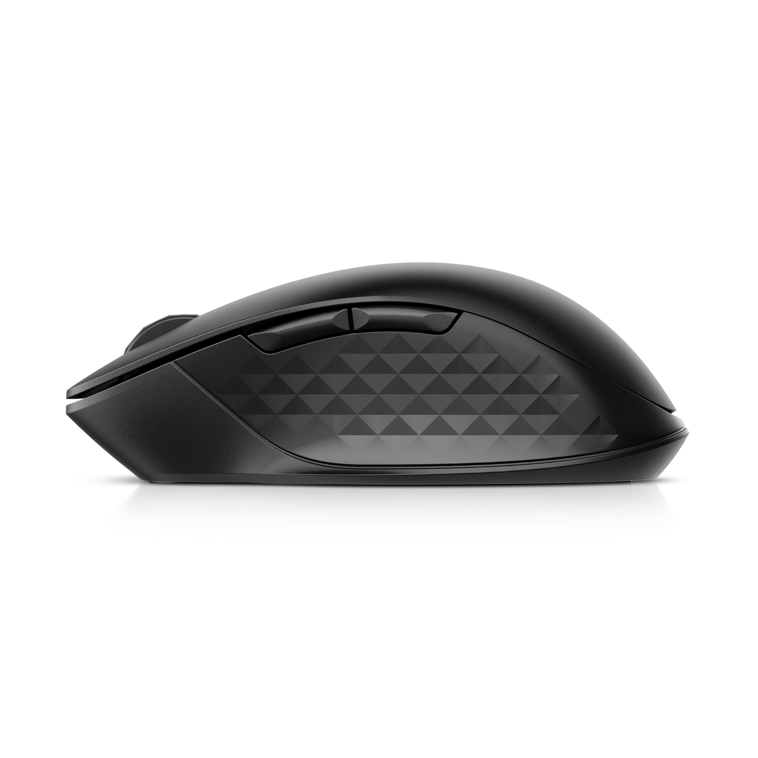 Black wireless mouse, side view. Features buttons and a triangular patterned section.