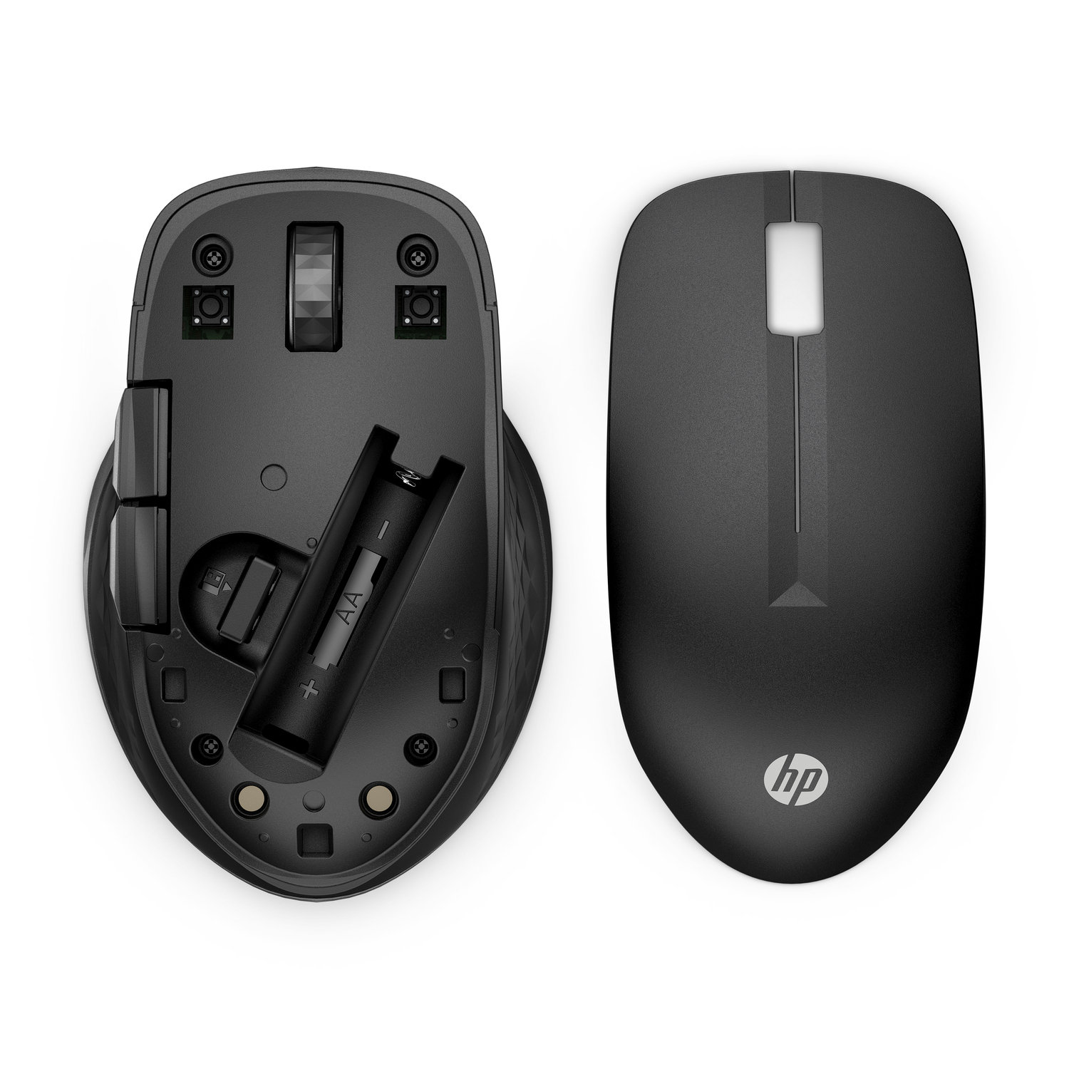 Black mouse, disassembled. Shows the battery compartment with an AA battery inside.