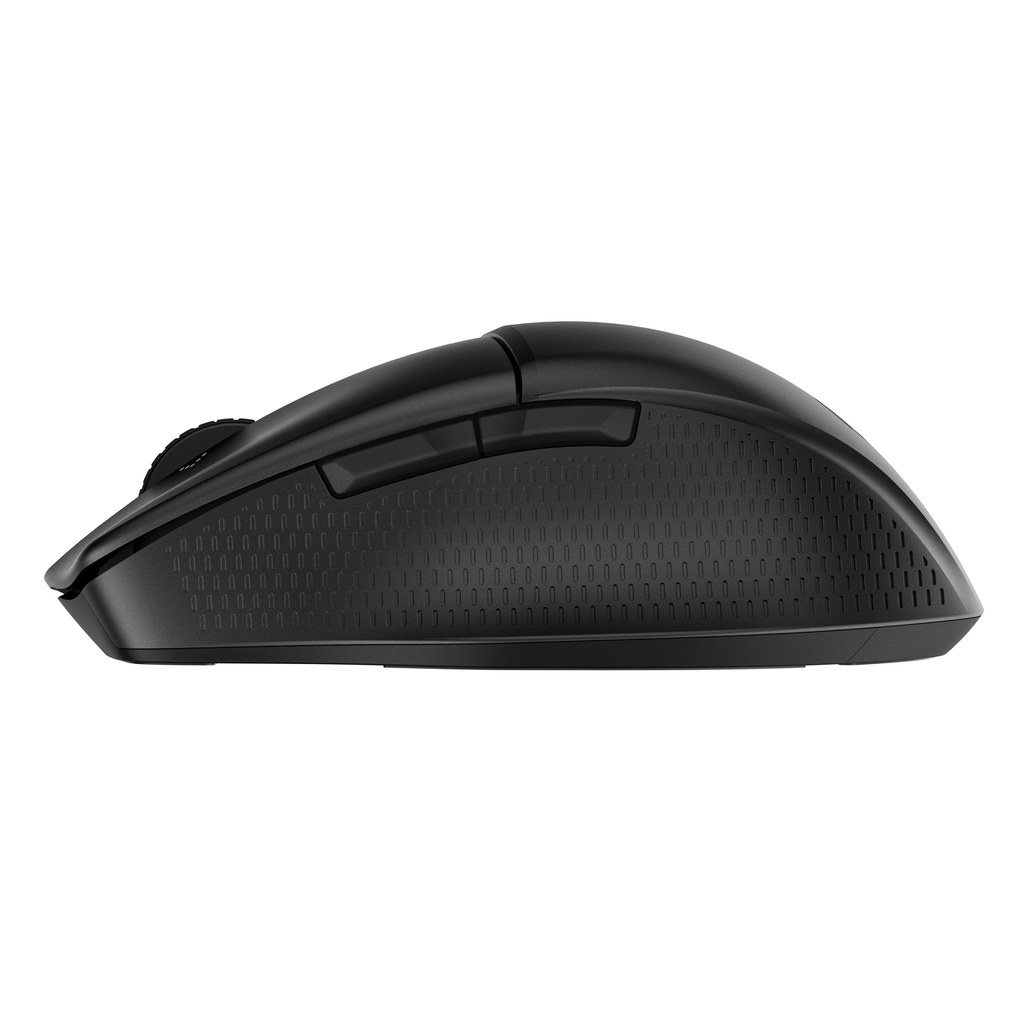Souris noire, vue latérale. Comprend des boutons et une surface texturée.