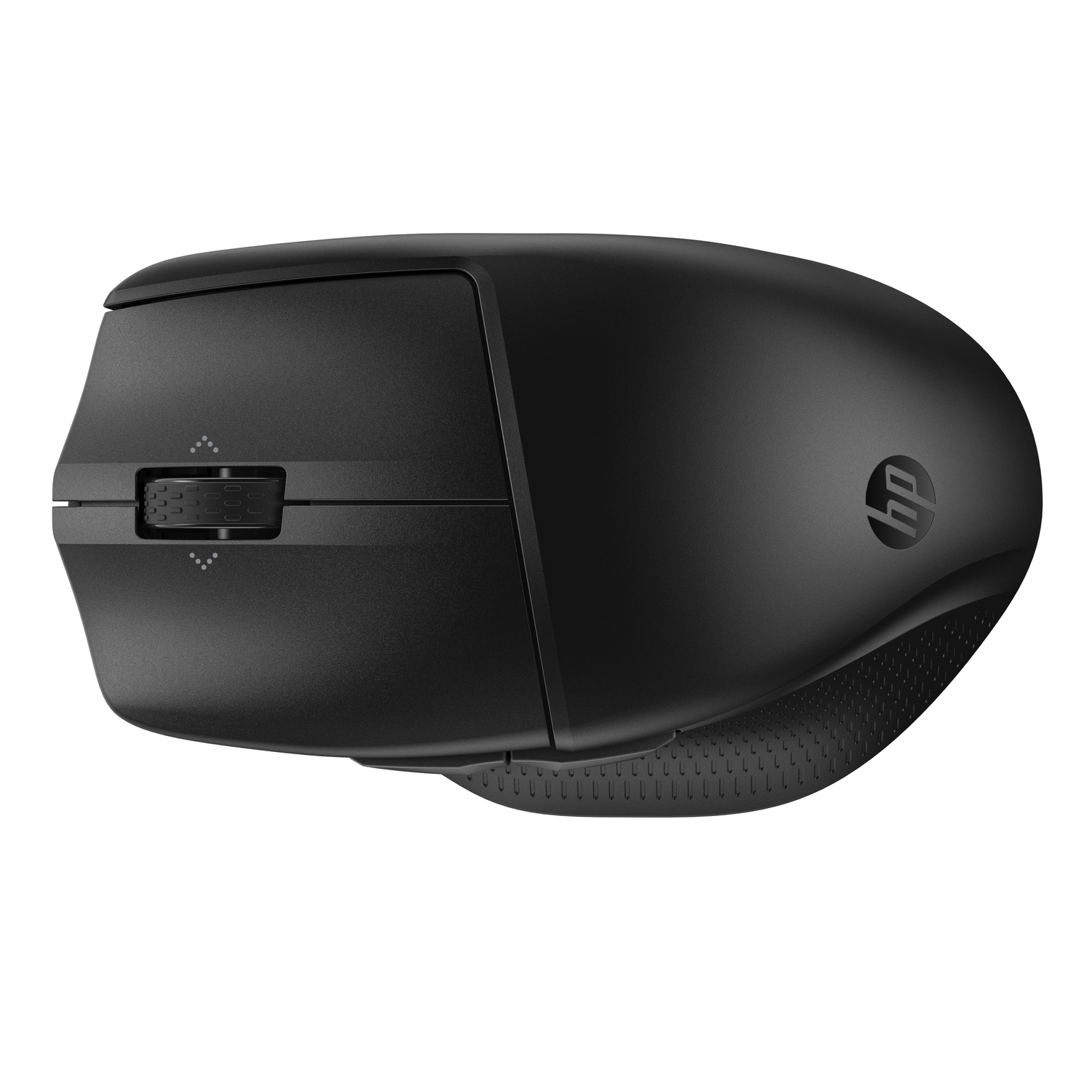 Souris HP noire, vue de dessus, avec molette et logo HP.