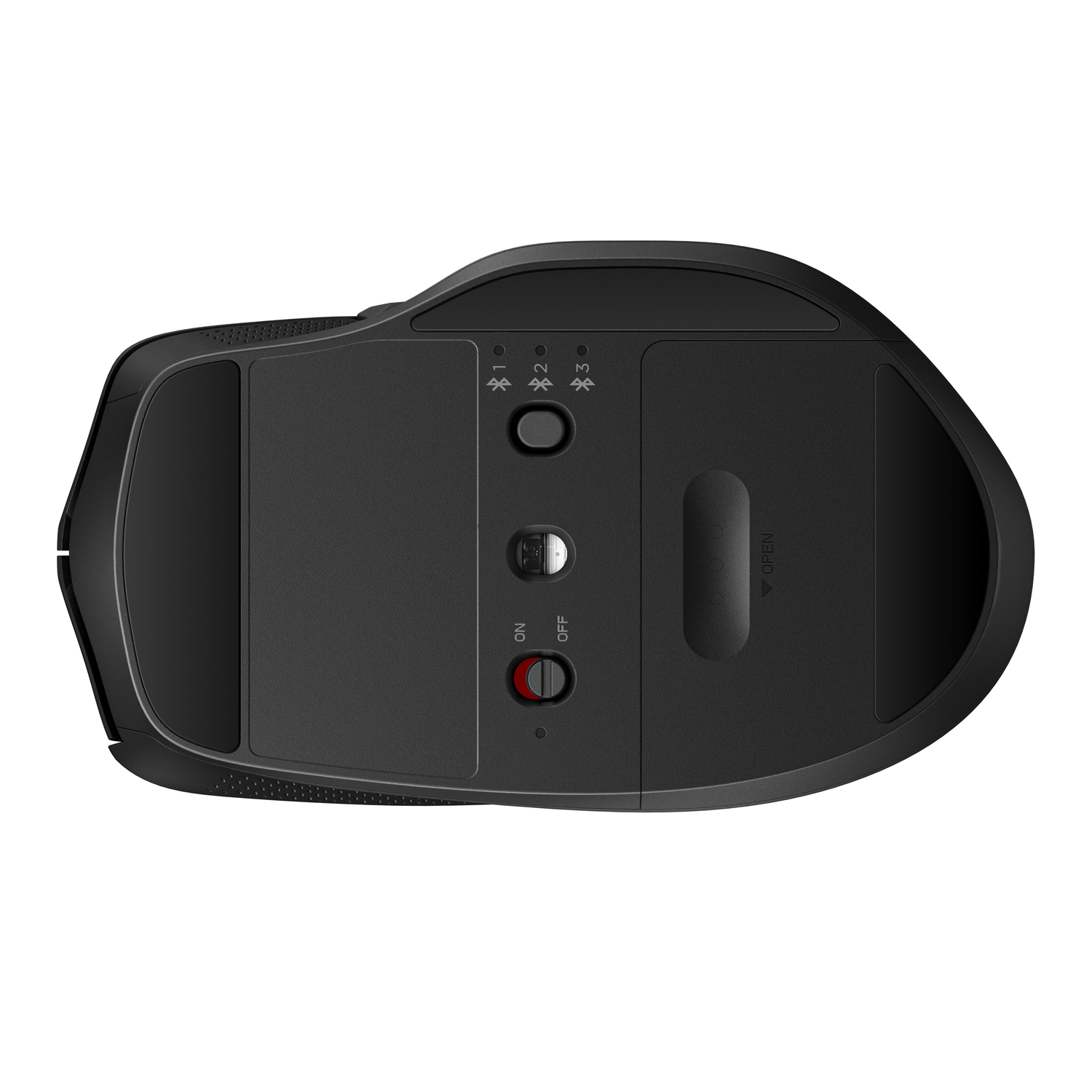 Souris noire, vue de dessous. Dispose d'un interrupteur d'alimentation, d'un appairage et de boutons de connexion.