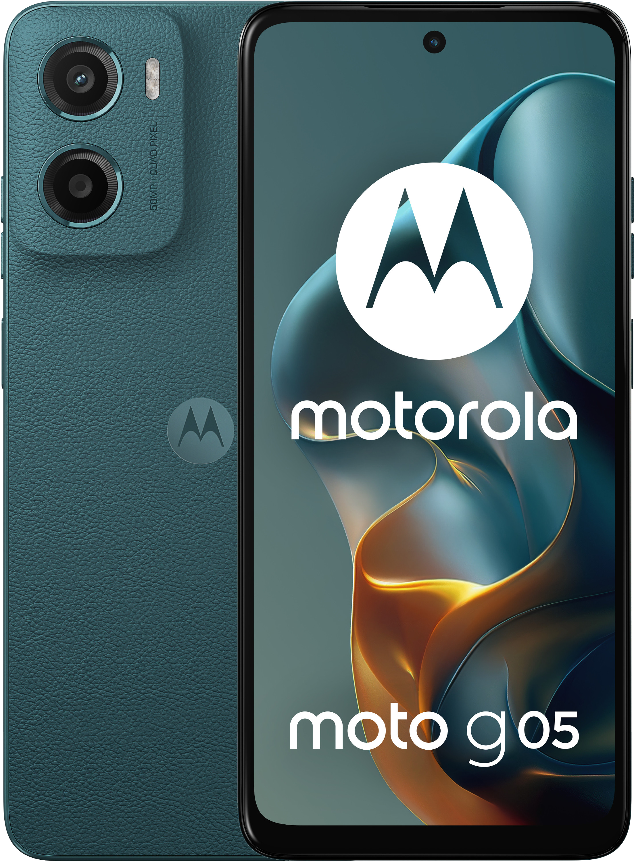 Niebieski telefon Motorola. Dwie tylne kamery. Logo Motorola. Moto G05 na ekranie.