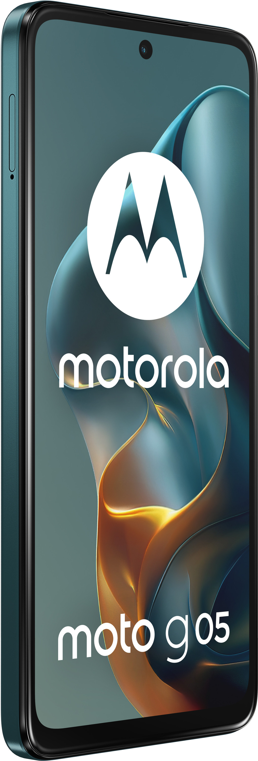 Turkusowy smartfon Motorola moto g05 z logo marki na teksturowanym tle.