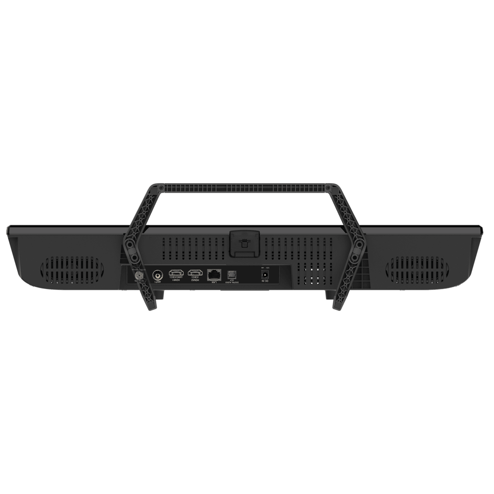 Unteransicht einer schwarzen Soundbar. Sie hat mehrere Anschlüsse und einen Griff oben.