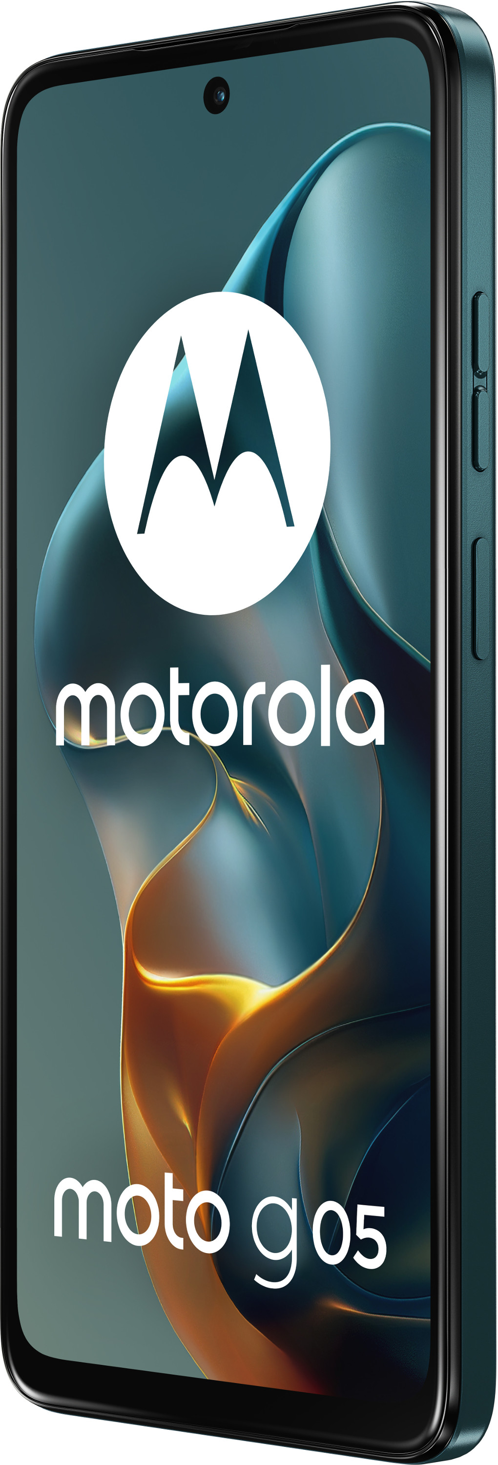 Turkusowy smartfon z nazwą marki i modelu na ekranie.