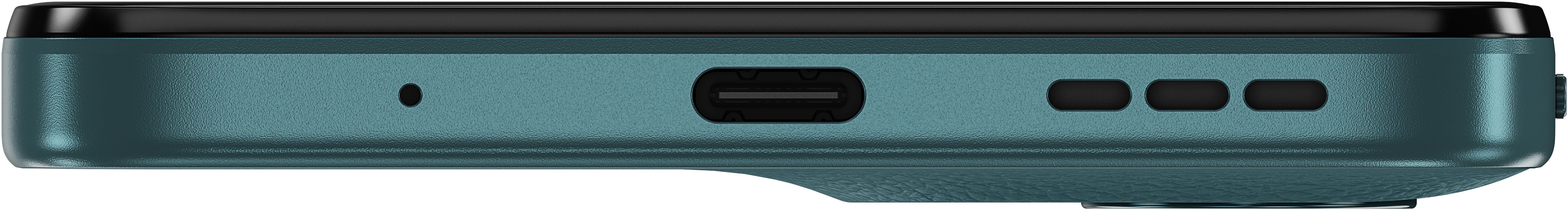 Spód turkusowego telefonu z portem USB-C i otworami na głośniki.