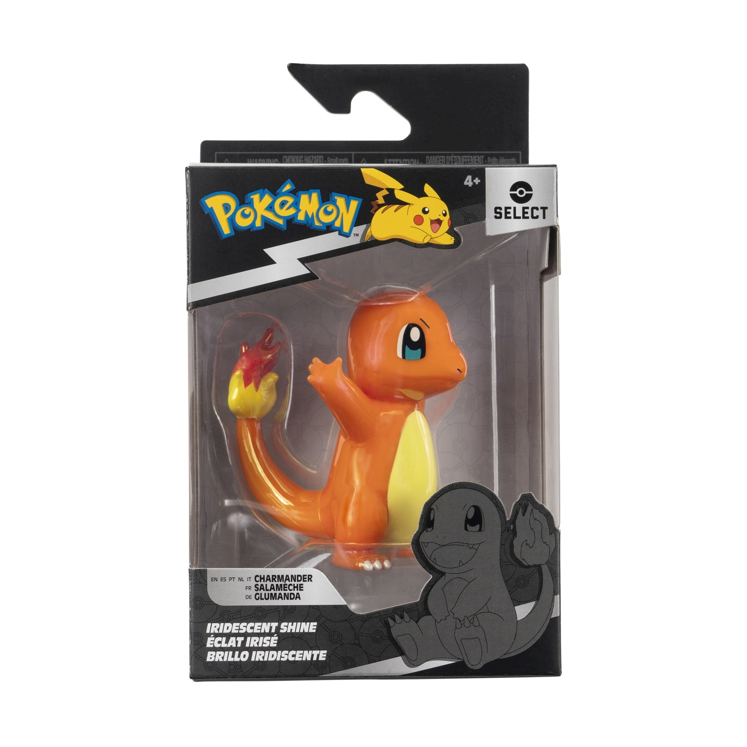 Personaggio di Charmander arancione in una scatola di plastica, con il logo Pokemon sulla confezione.
