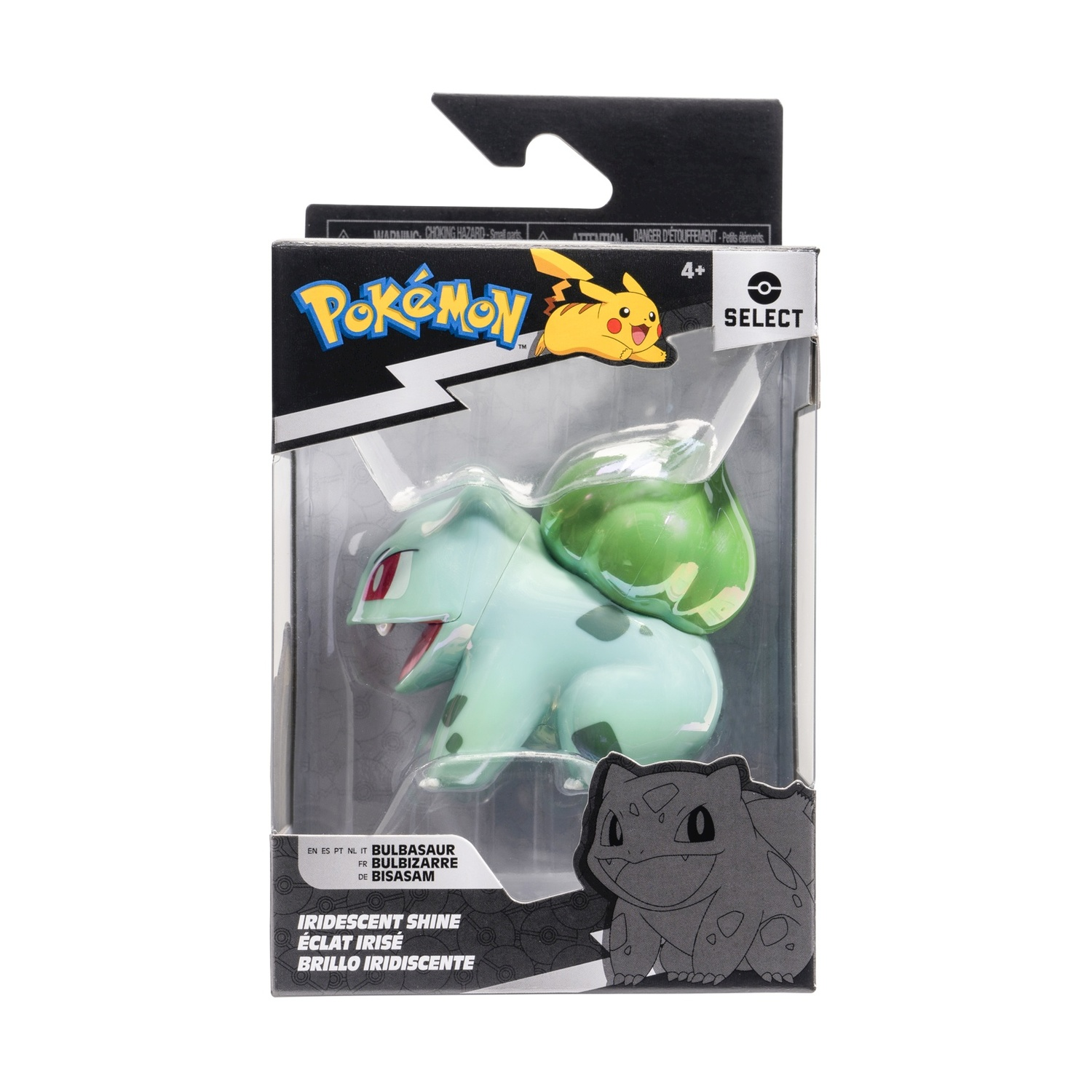 Giocattolo Pokemon in scatola di plastica trasparente, sfondo bianco e nero.