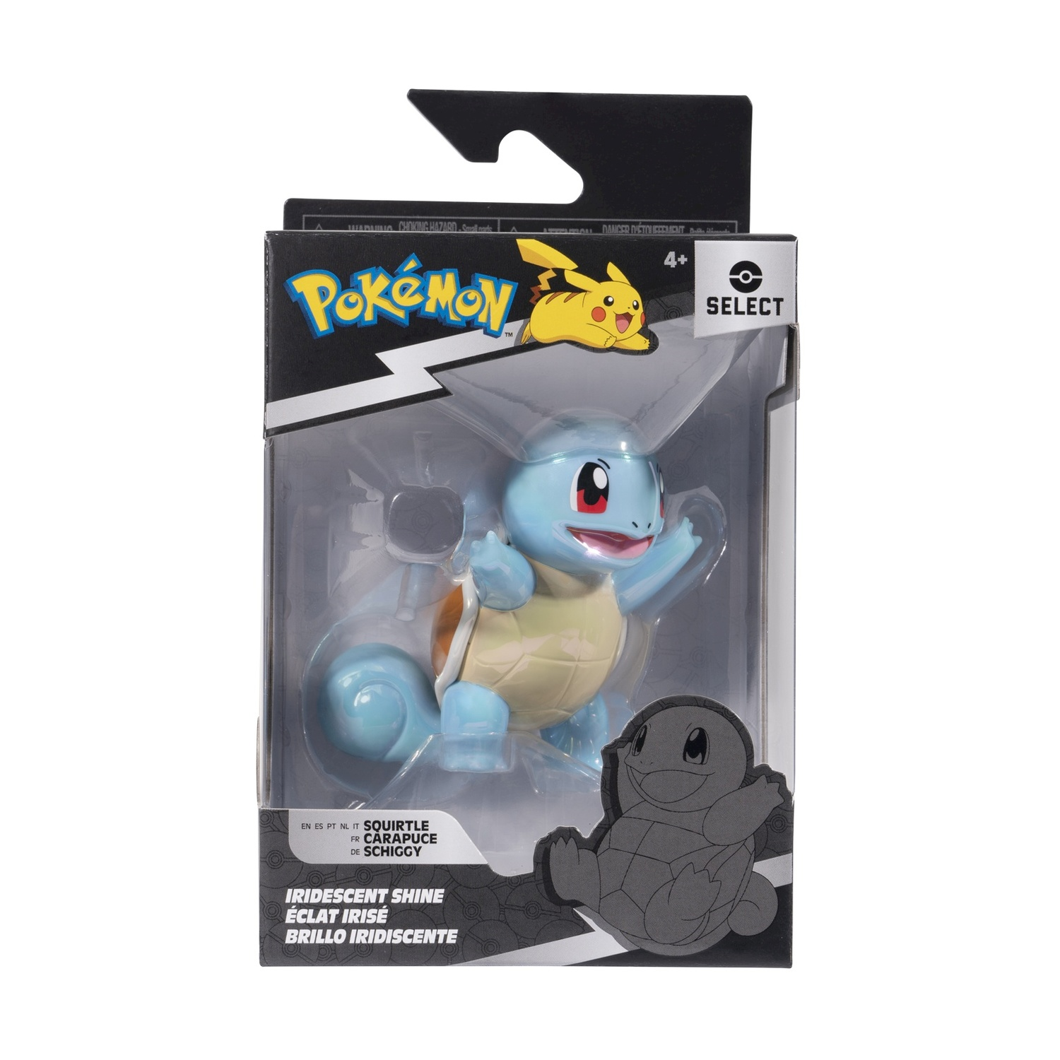 Una figura di Squirtle nella sua confezione. La scatola ha il logo Pokémon.