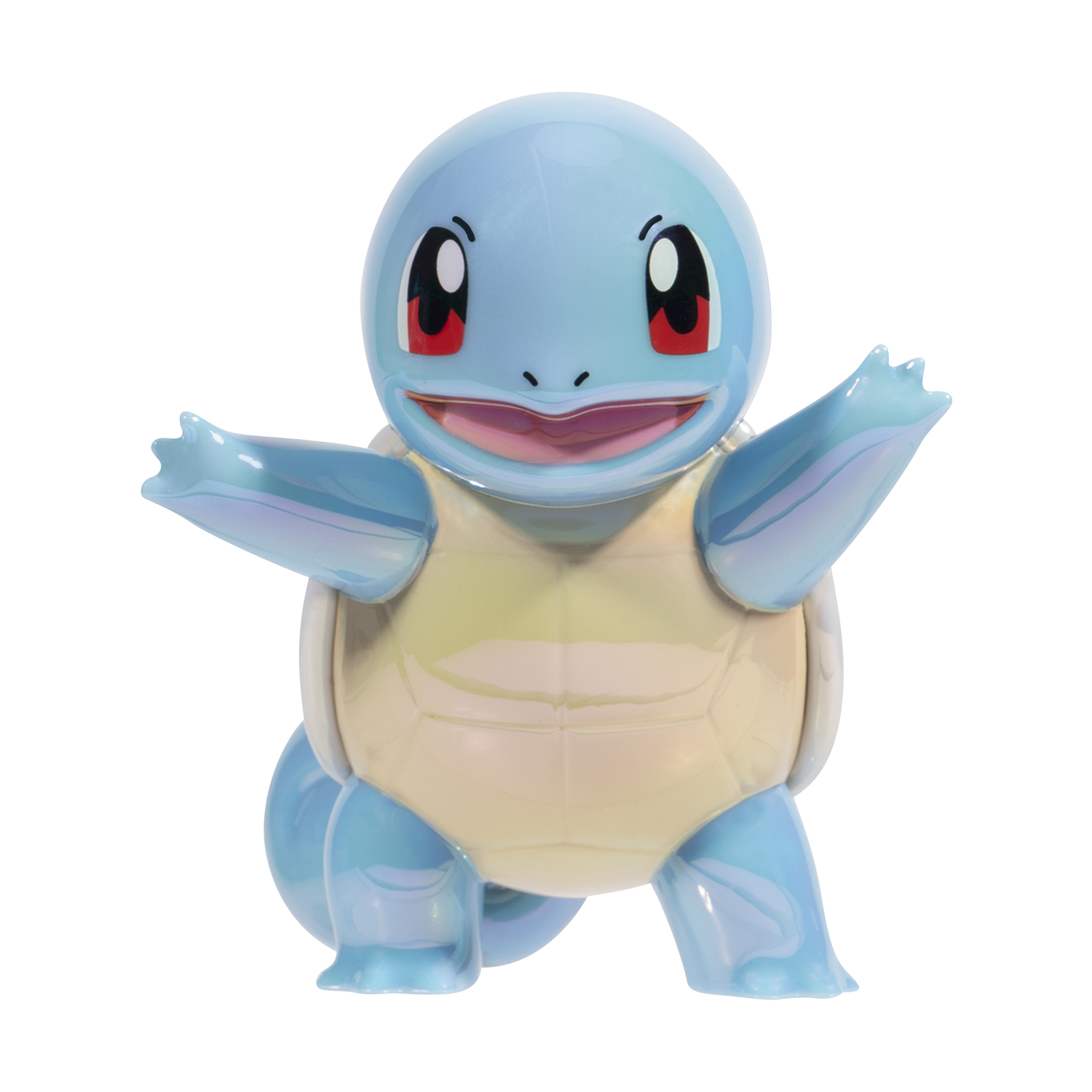 Figura di Squirtle blu iridescente con braccia aperte, sorridente, su sfondo bianco.