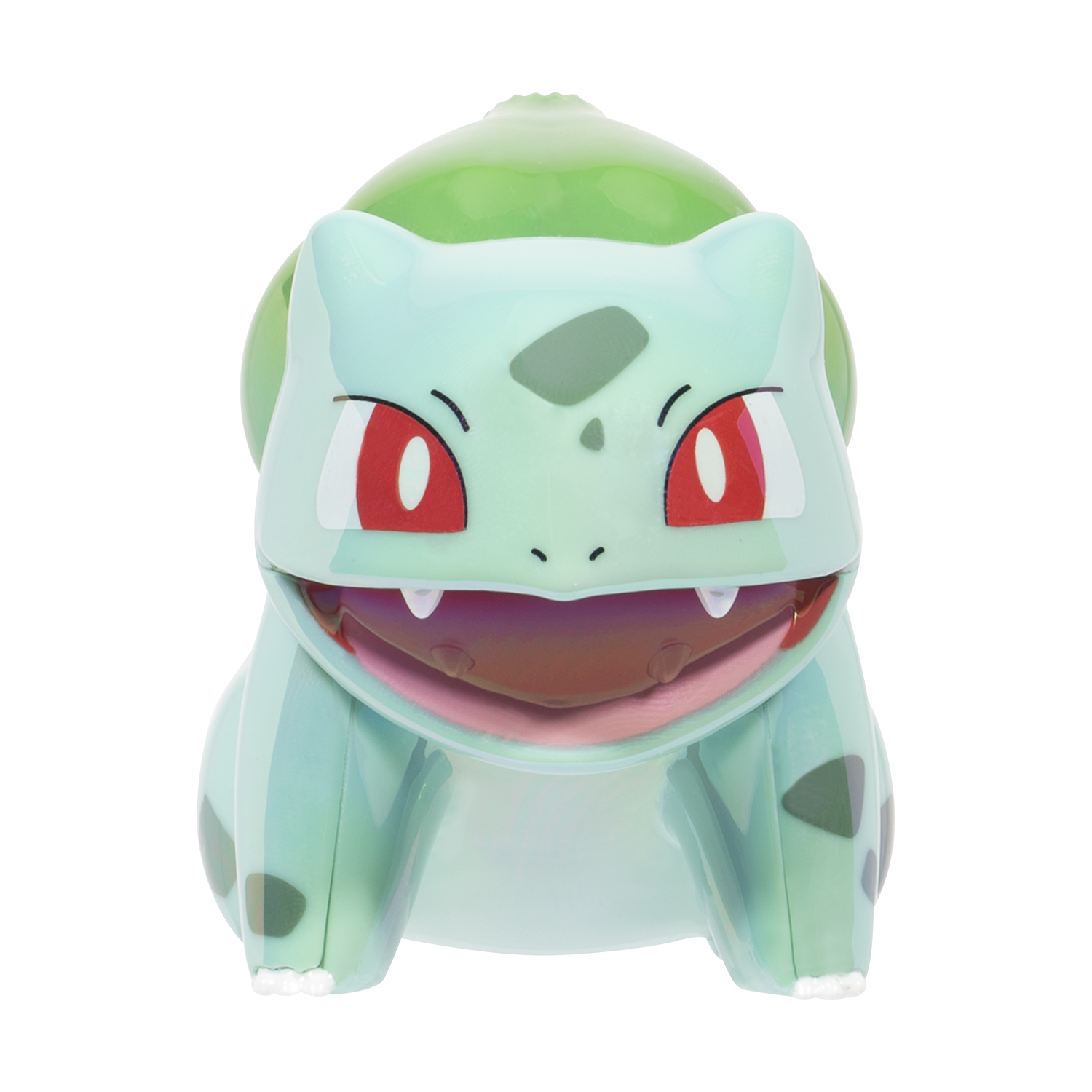 Un giocattolo Bulbasaur azzurro con occhi rossi e bulbo verde.