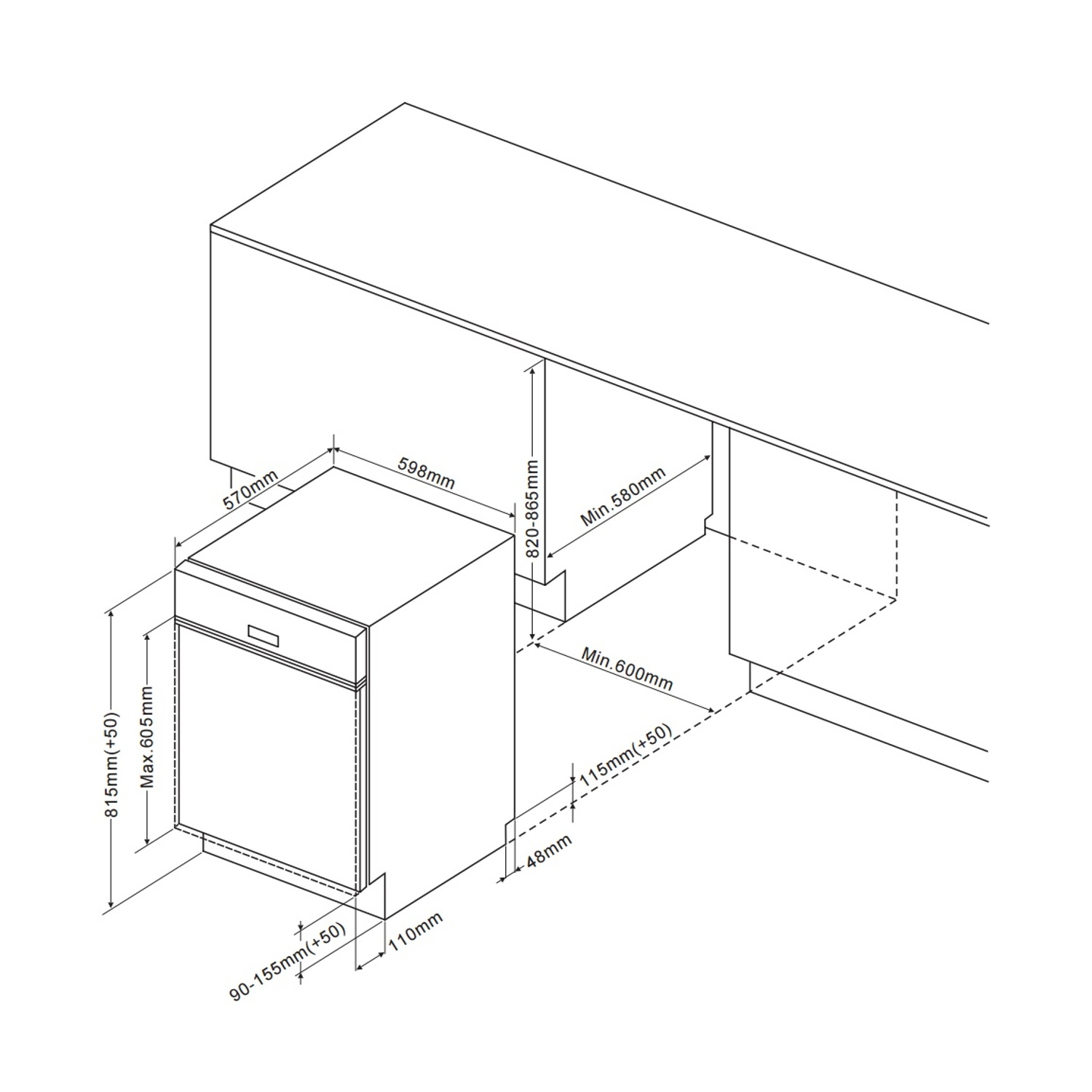 Un diagramma dell'installazione di una lavastoviglie, che mostra misure e spazi liberi.