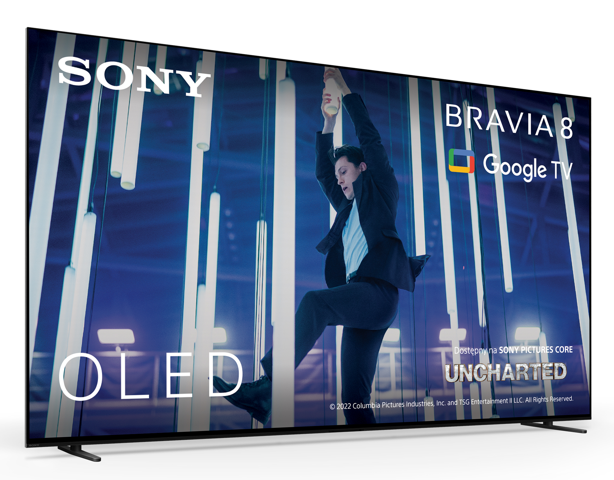 Telewizor Sony Bravia OLED pokazujący mężczyznę w garniturze wiszącego.