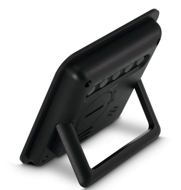 Czarny cyfrowy minutnik kuchenny pod kątem z przyciskami na górze i podstawką.