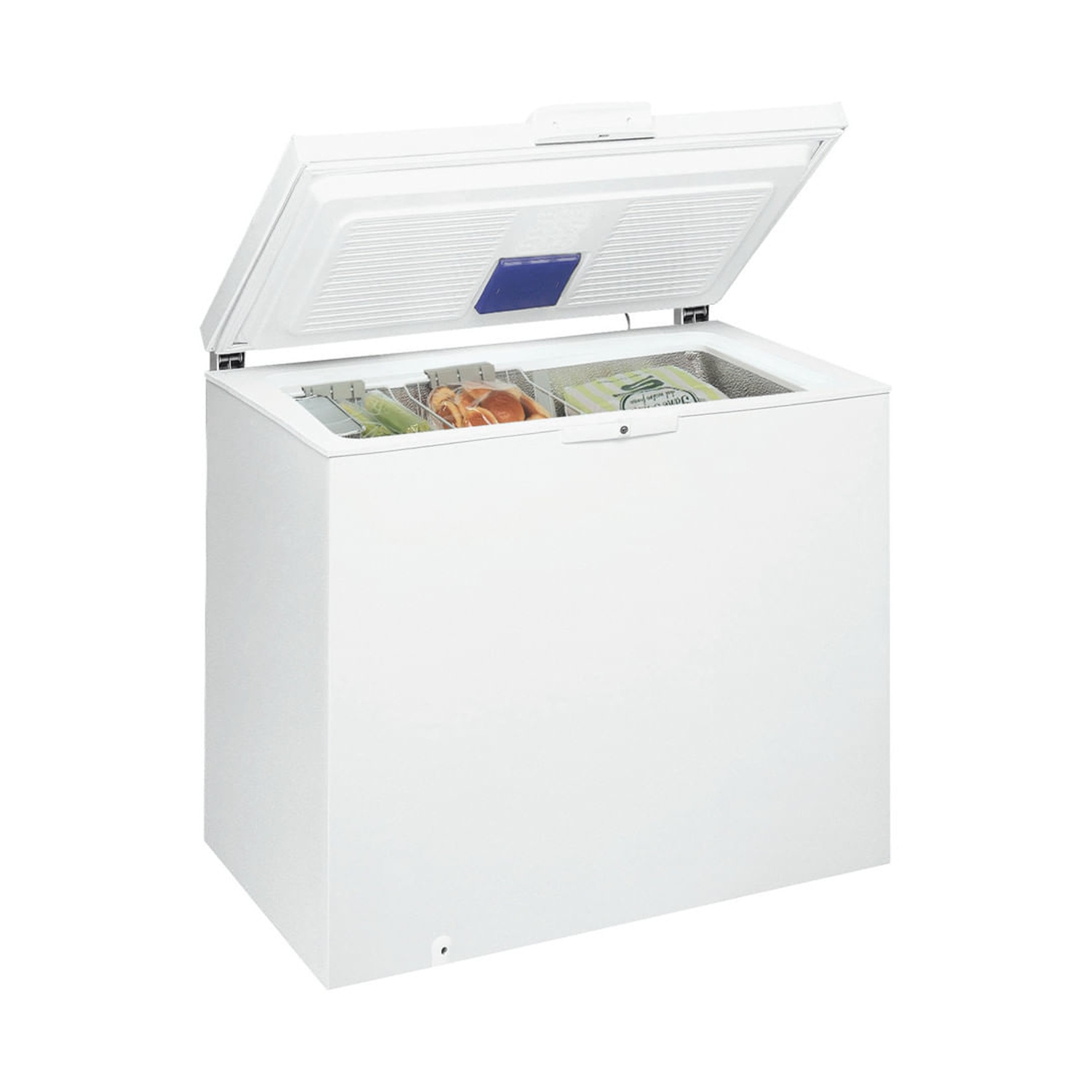 Congelatore bianco con coperchio aperto, cibo visibile.